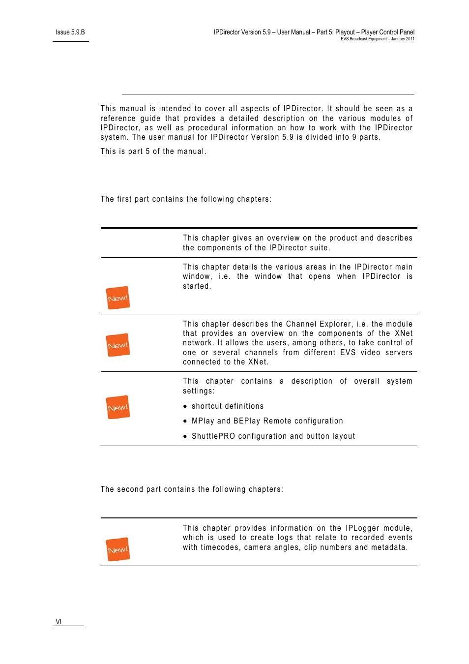 Part 1: general workspace, Part 2: logging, About this manual | EVS IPDirector Version 5.9 - January 2011 Part 5 User’s Manual User Manual | Page 7 / 106