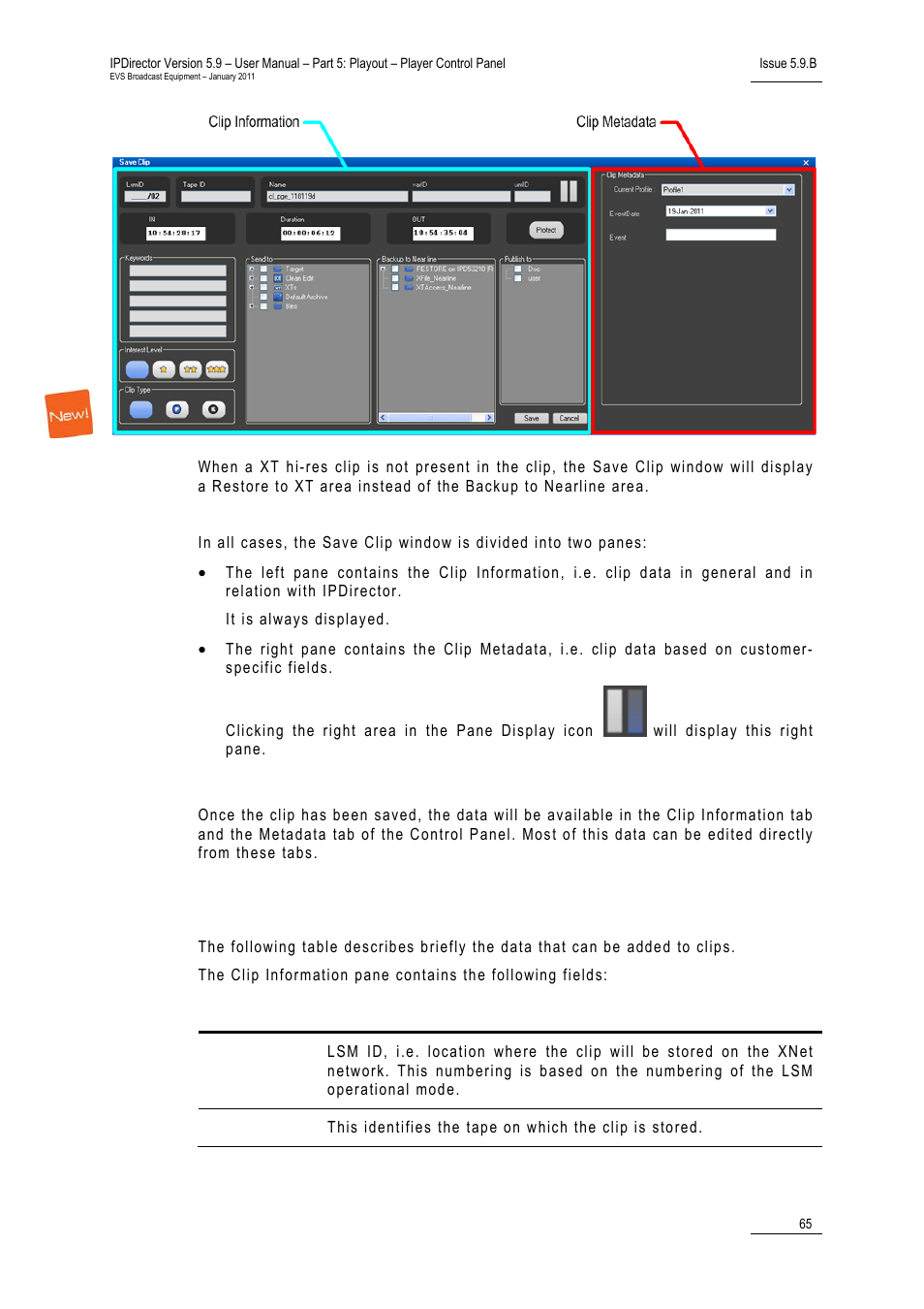 Later access to the data, Fields in the save clip window | EVS IPDirector Version 5.9 - January 2011 Part 5 User’s Manual User Manual | Page 76 / 106