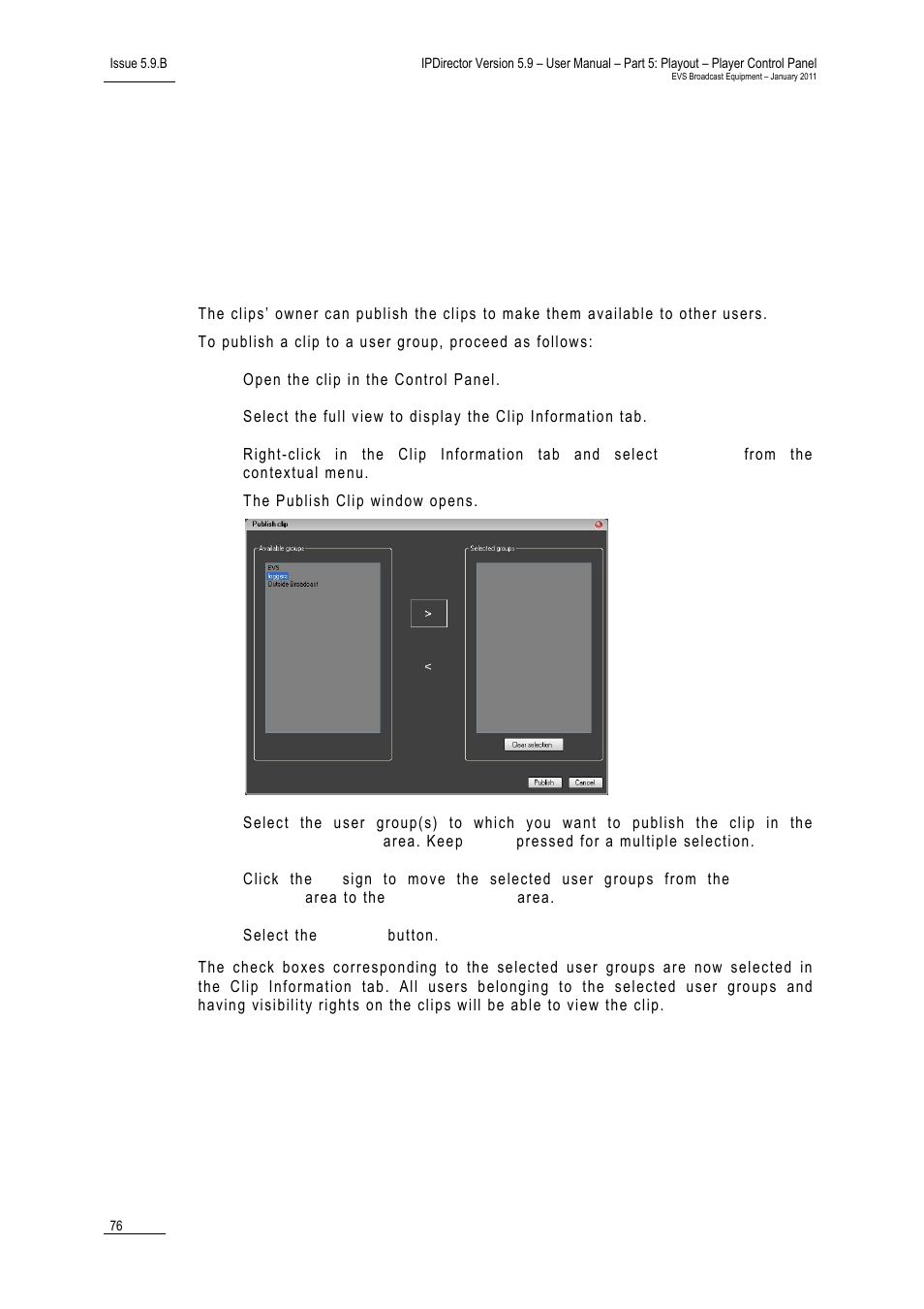 10 publishing and transferring media, 1 how to publish a clip to a user group, Deleting media | How to delete a playlist in the clip-list tab, Ow to, Ublish a, Lip to a, Roup | EVS IPDirector Version 5.9 - January 2011 Part 5 User’s Manual User Manual | Page 87 / 106