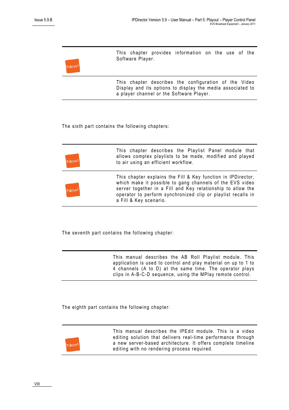 Part 6: playout – playlist panel, Part7: playout – ab roll playlist, Part 8: editing | EVS IPDirector Version 5.9 - January 2011 Part 5 User’s Manual User Manual | Page 9 / 106