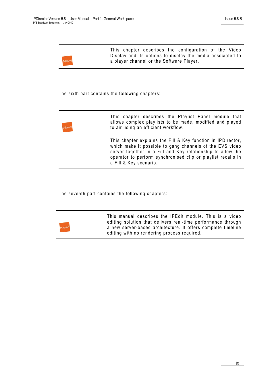 Part 6: playout – playlist panel, Part 7: editing | EVS IPDirector Version 5.8 - July 2010 Part 1 User's Manual User Manual | Page 10 / 133