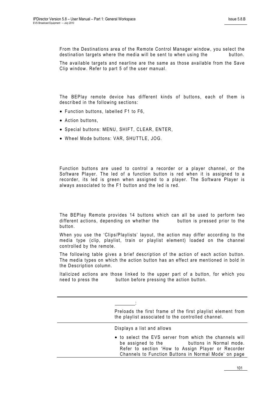 Selecting destination targets, Beplay remote buttons, Function buttons | Action buttons | EVS IPDirector Version 5.8 - July 2010 Part 1 User's Manual User Manual | Page 112 / 133