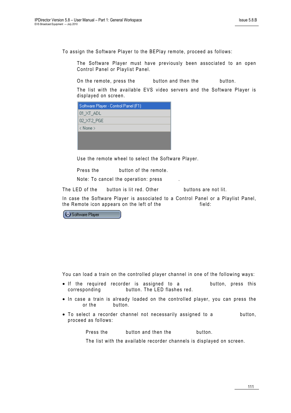 Selecting the software player, Loading media, Loading a train | Possible actions | EVS IPDirector Version 5.8 - July 2010 Part 1 User's Manual User Manual | Page 122 / 133