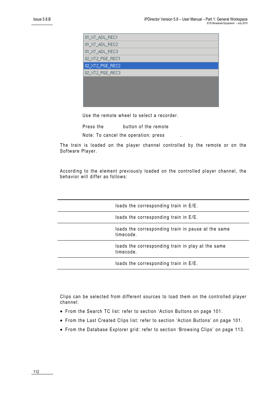 Rules for loading a train, Loading a clip | EVS IPDirector Version 5.8 - July 2010 Part 1 User's Manual User Manual | Page 123 / 133