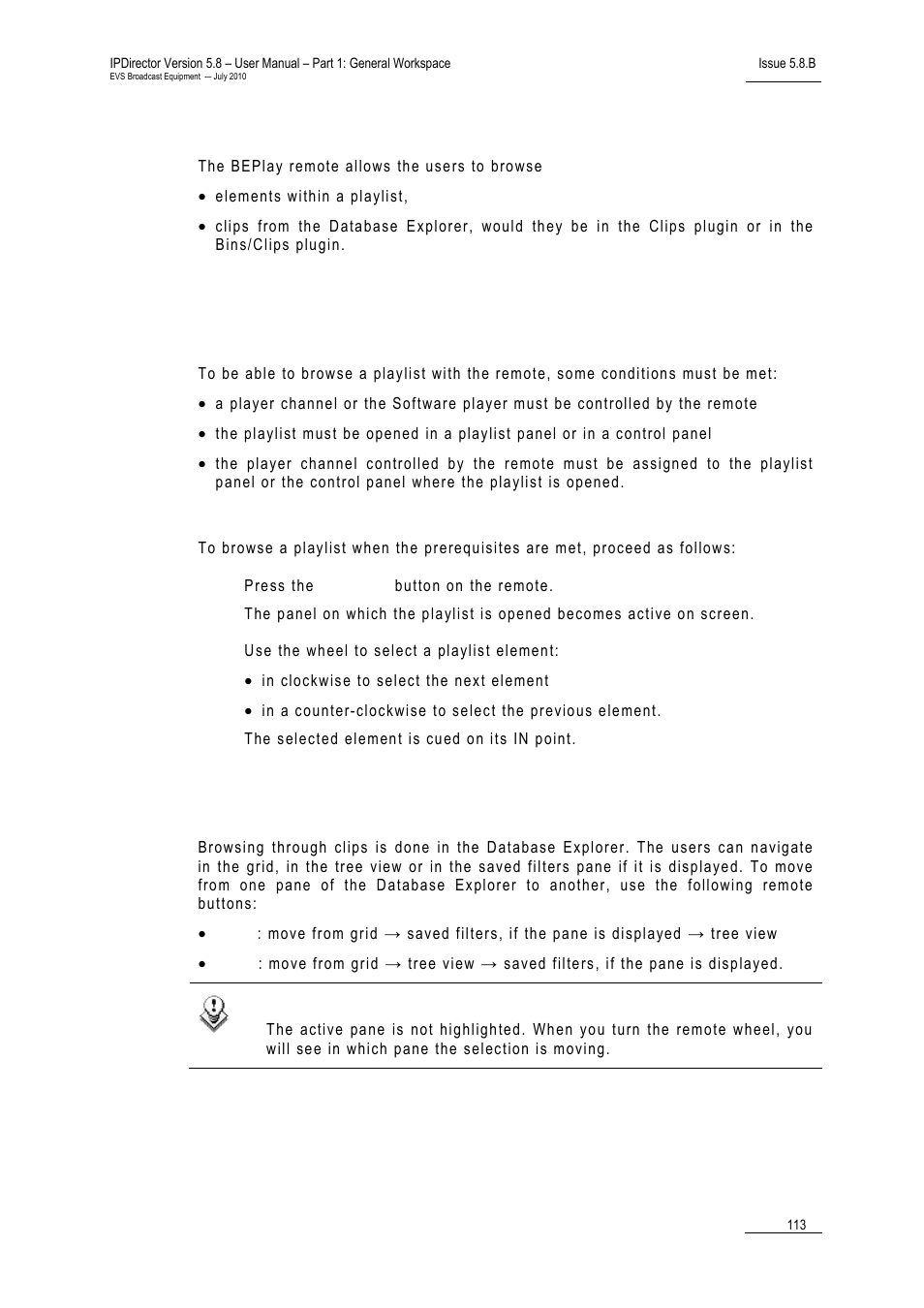 Browsing media with the beplay remote, Browsing a playlist, Prerequisites | How to browse a playlist, Browsing clips, Browsing media with the beplay, Remote’ o | EVS IPDirector Version 5.8 - July 2010 Part 1 User's Manual User Manual | Page 124 / 133