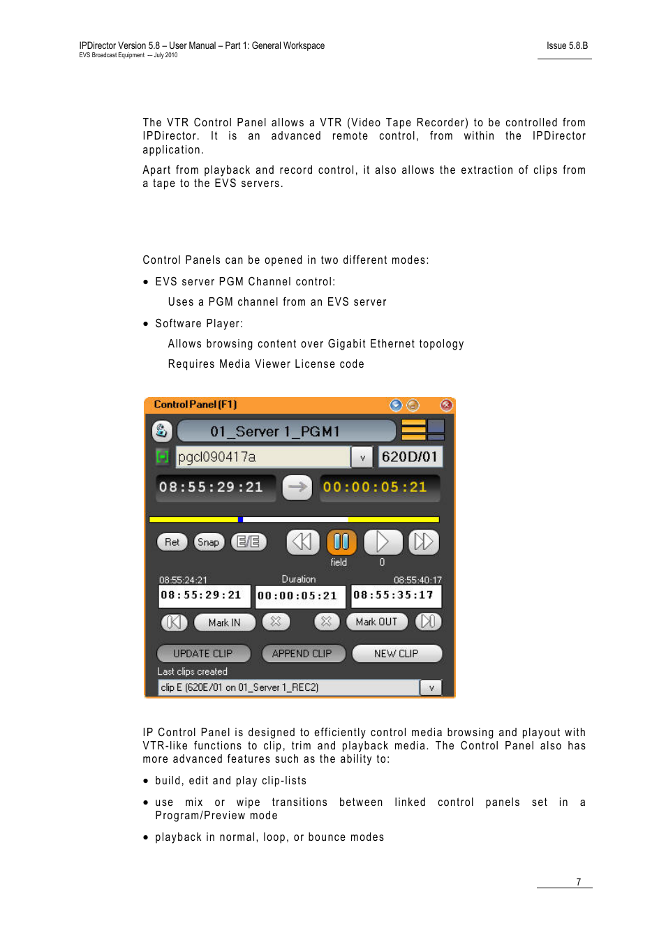 6 vtr control panel, 7 player control panel, Vtr control panel | Player control panel, 6 vtr, Ontrol, Anel, Layer | EVS IPDirector Version 5.8 - July 2010 Part 1 User's Manual User Manual | Page 18 / 133