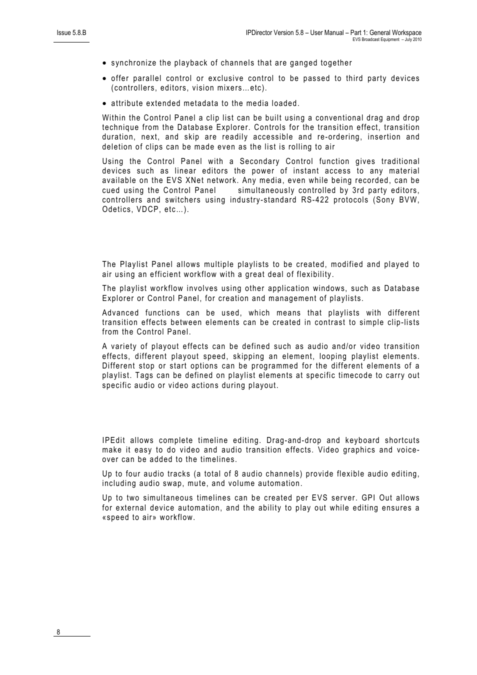8 playlist panel, 9 ipedit, Playlist panel | Ipedit, 9 ipe, Laylist, Anel | EVS IPDirector Version 5.8 - July 2010 Part 1 User's Manual User Manual | Page 19 / 133