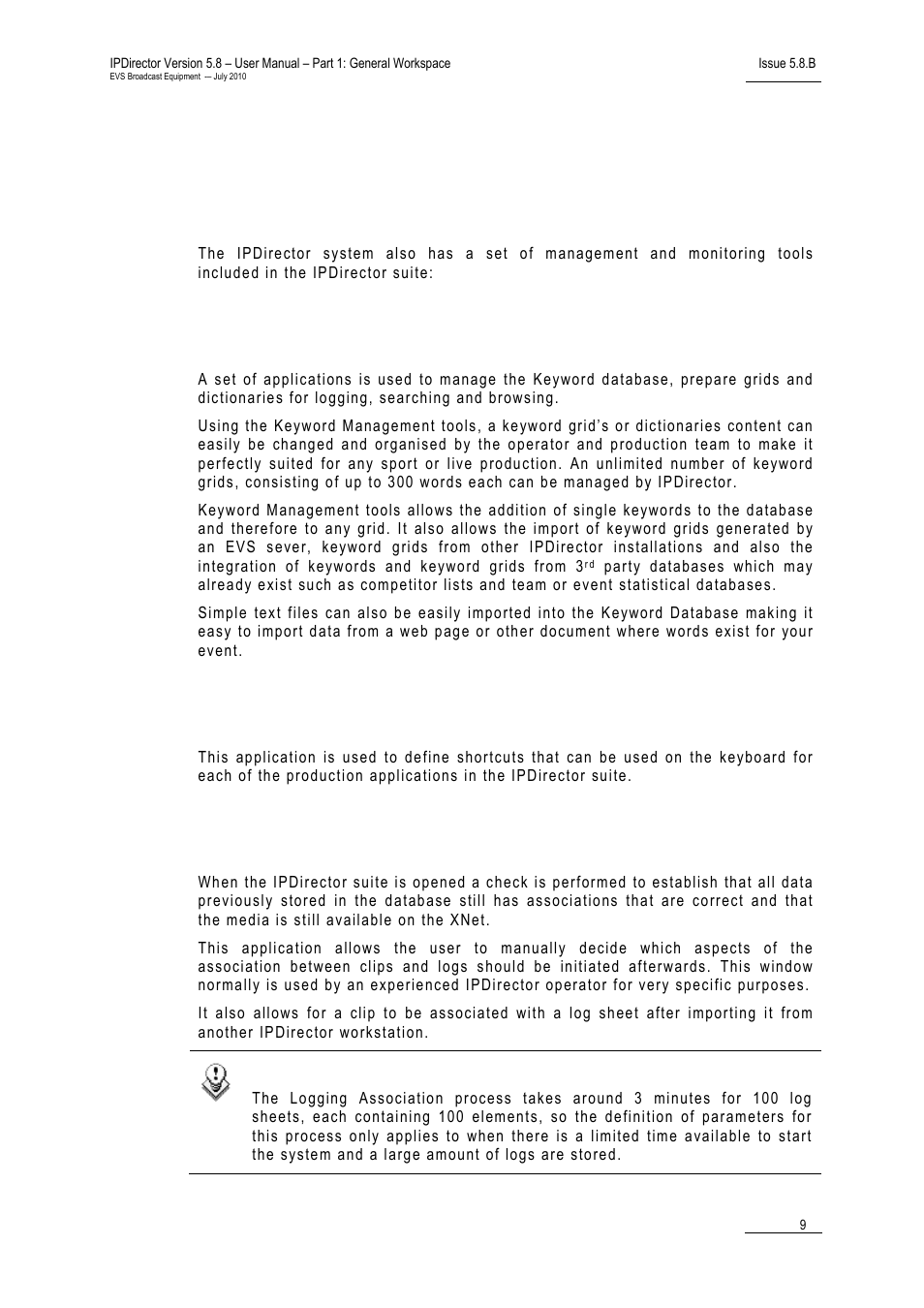 2 management and system applications, 1 keyword management, 2 keyboard shortcut definition | 3 logging association definition, Management and system applications, Keyword management, Keyboard shortcut definition, Logging association definition | EVS IPDirector Version 5.8 - July 2010 Part 1 User's Manual User Manual | Page 20 / 133