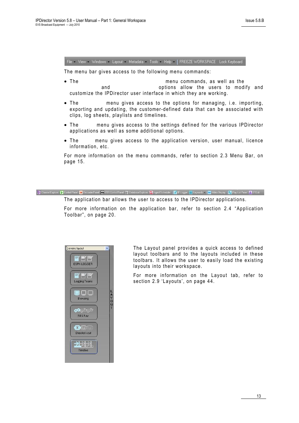 Menu bar (1), Application toolbar (2), Layout panel (3) | EVS IPDirector Version 5.8 - July 2010 Part 1 User's Manual User Manual | Page 24 / 133