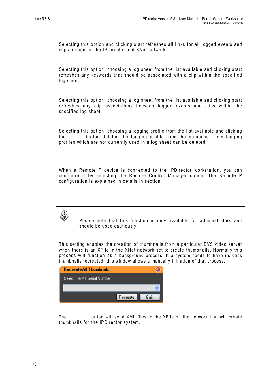 Refresh all associations between logs and clips, Delete a logging profile, Remote control manager | Recreate all thumbnails | EVS IPDirector Version 5.8 - July 2010 Part 1 User's Manual User Manual | Page 29 / 133