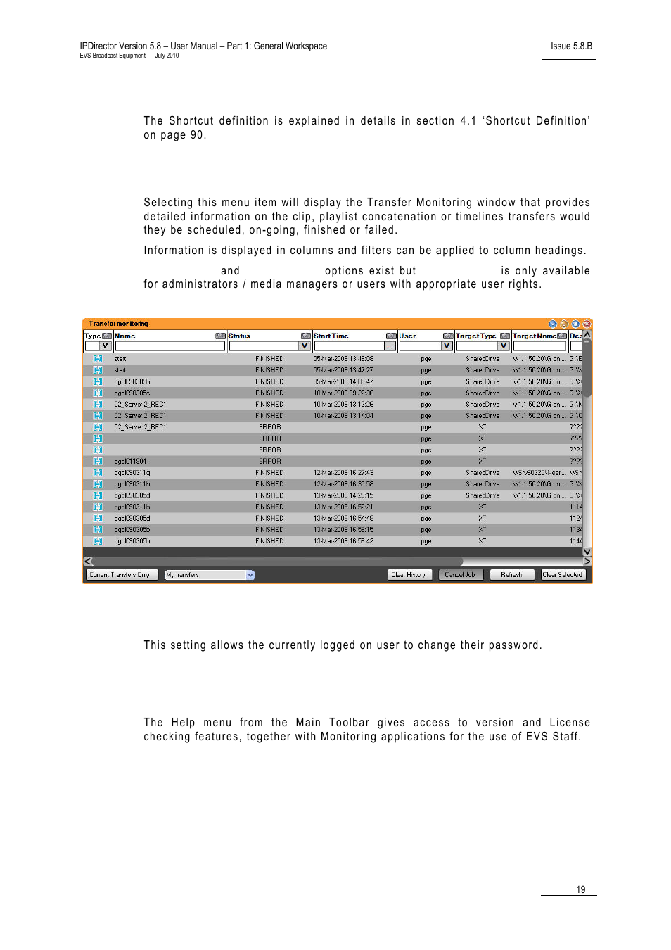 Define shortcuts, Transfer monitoring, Change password | 7 help menu, Help menu | EVS IPDirector Version 5.8 - July 2010 Part 1 User's Manual User Manual | Page 30 / 133