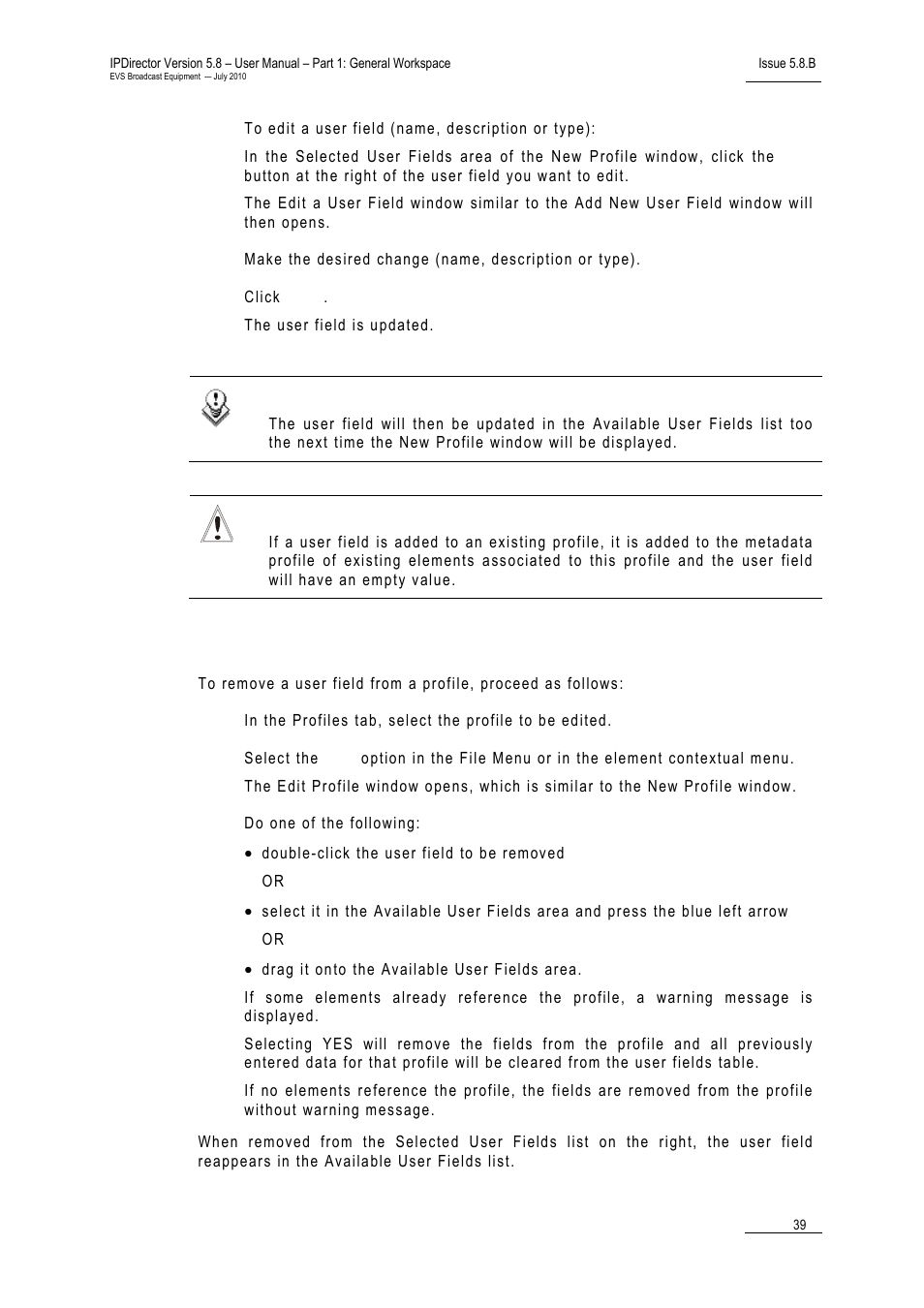 How to remove a selected user field from a profile | EVS IPDirector Version 5.8 - July 2010 Part 1 User's Manual User Manual | Page 50 / 133