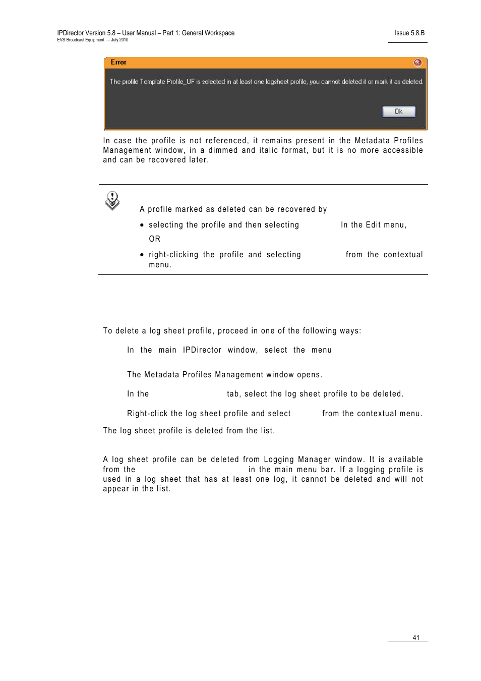 How to delete a log sheet profile | EVS IPDirector Version 5.8 - July 2010 Part 1 User's Manual User Manual | Page 52 / 133