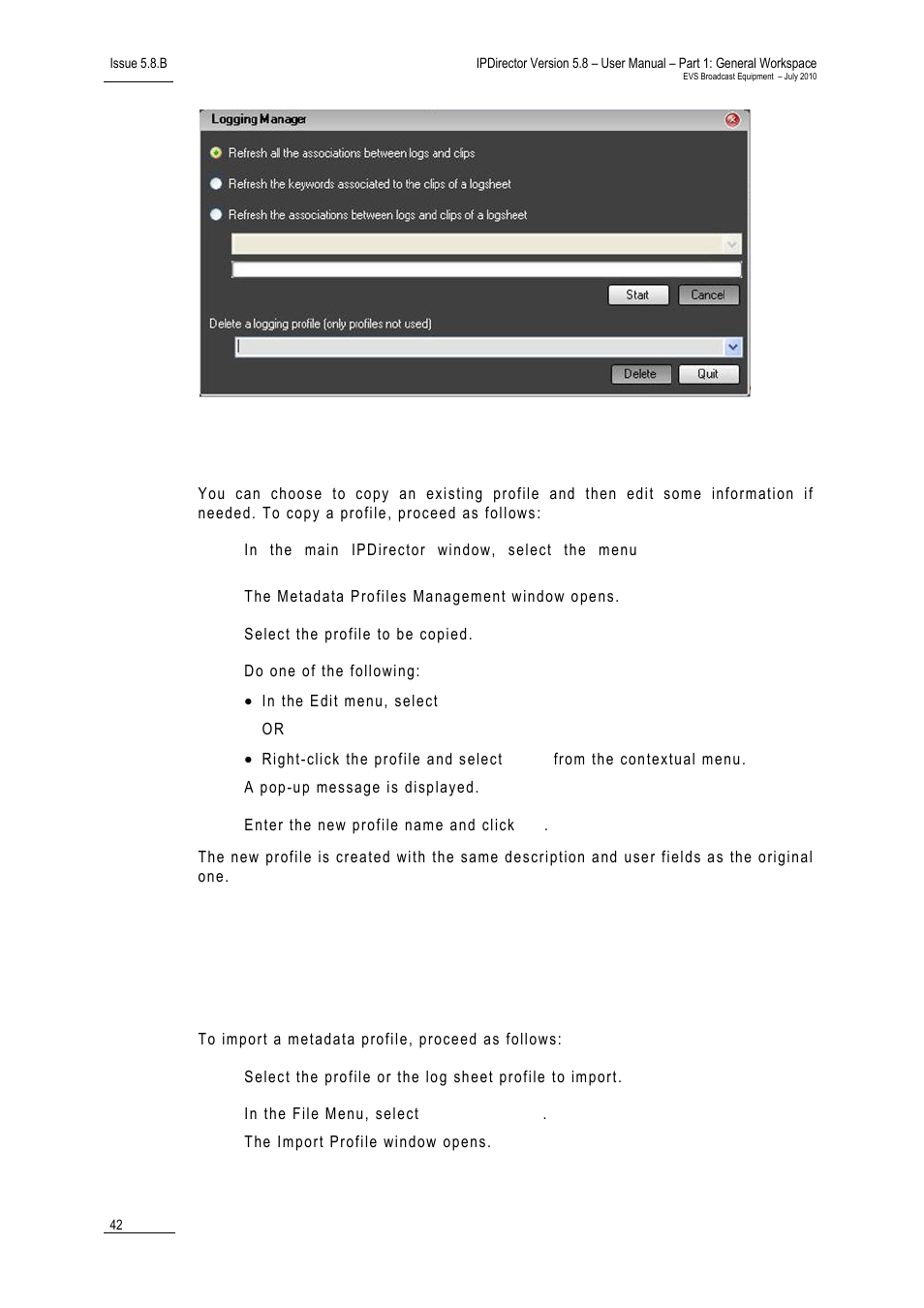 6 how to copy a profile, 7 importing and exporting profiles, How to import a profile or a log sheet profile | How to copy a profile, Importing and exporting profiles, Ow to, Opy a, Rofile, Mporting and, Xporting | EVS IPDirector Version 5.8 - July 2010 Part 1 User's Manual User Manual | Page 53 / 133