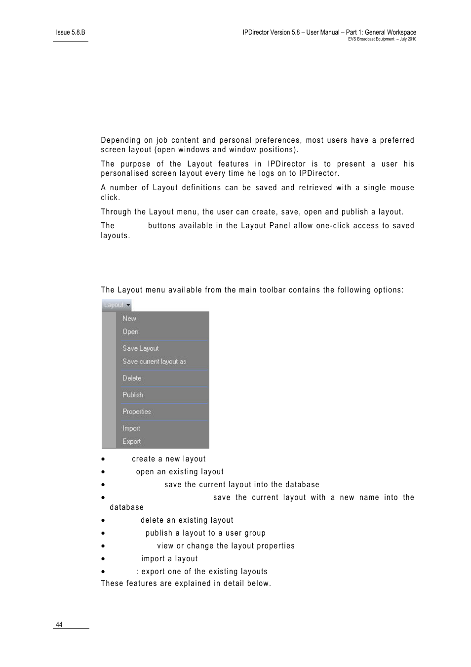 9 layouts, 1 overview, 2 layout menu | Layouts, Overview, Layout menu, 9 ‘layouts, 9 “layouts, Verview, Ayout | EVS IPDirector Version 5.8 - July 2010 Part 1 User's Manual User Manual | Page 55 / 133