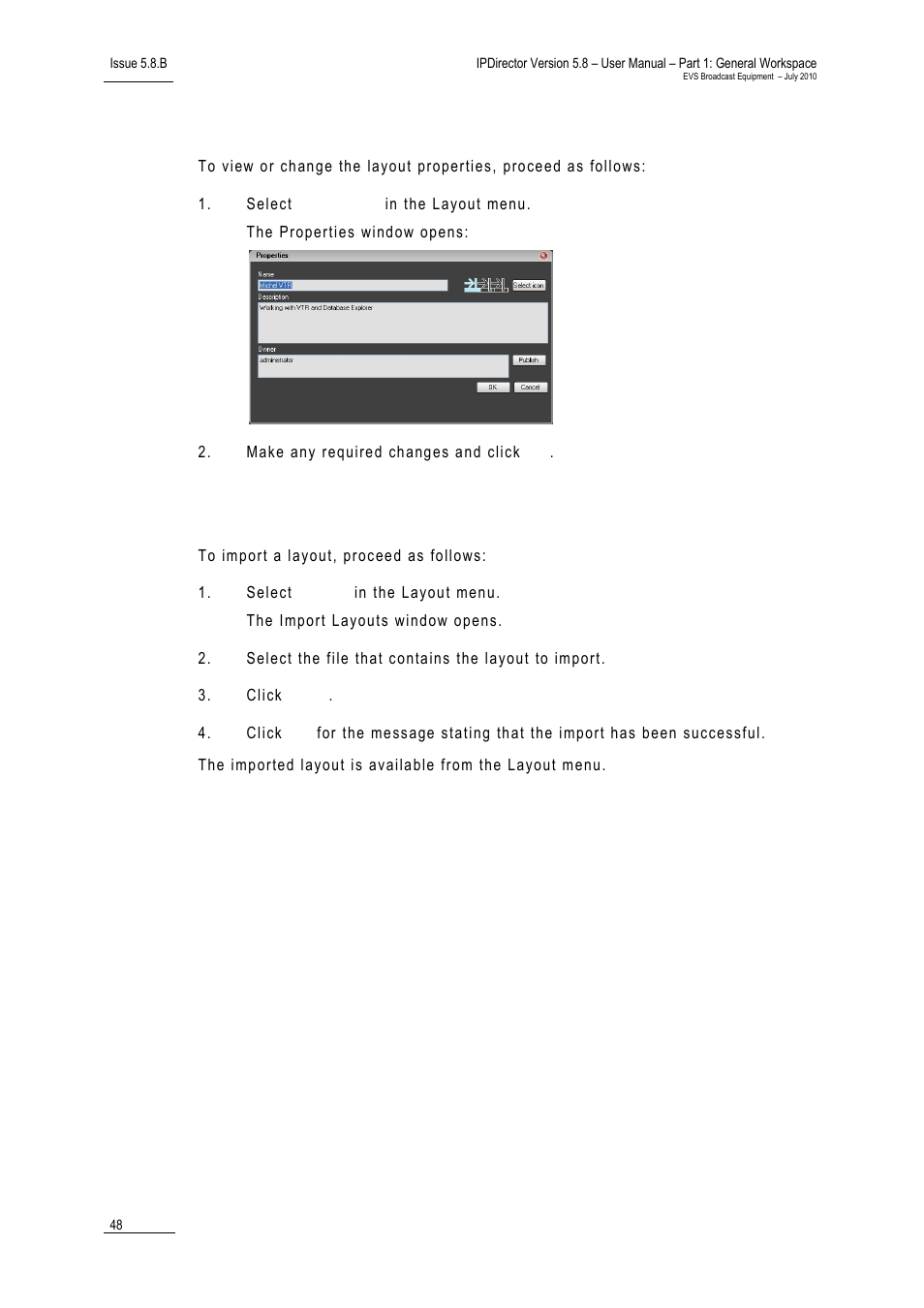 How to view or change layout properties, How to import a layout | EVS IPDirector Version 5.8 - July 2010 Part 1 User's Manual User Manual | Page 59 / 133