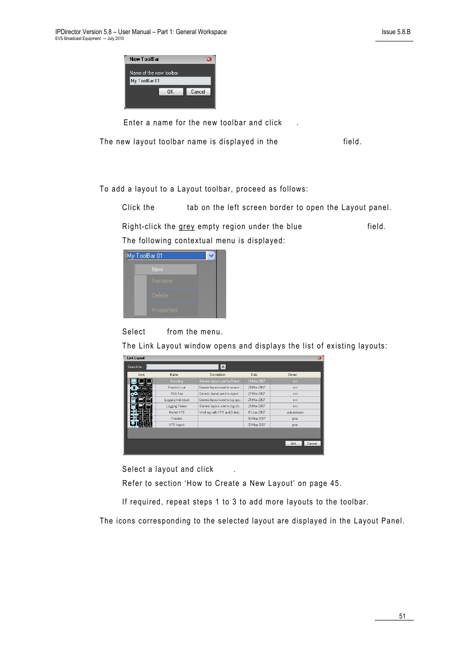 How to add a layout to a layout toolbar | EVS IPDirector Version 5.8 - July 2010 Part 1 User's Manual User Manual | Page 62 / 133