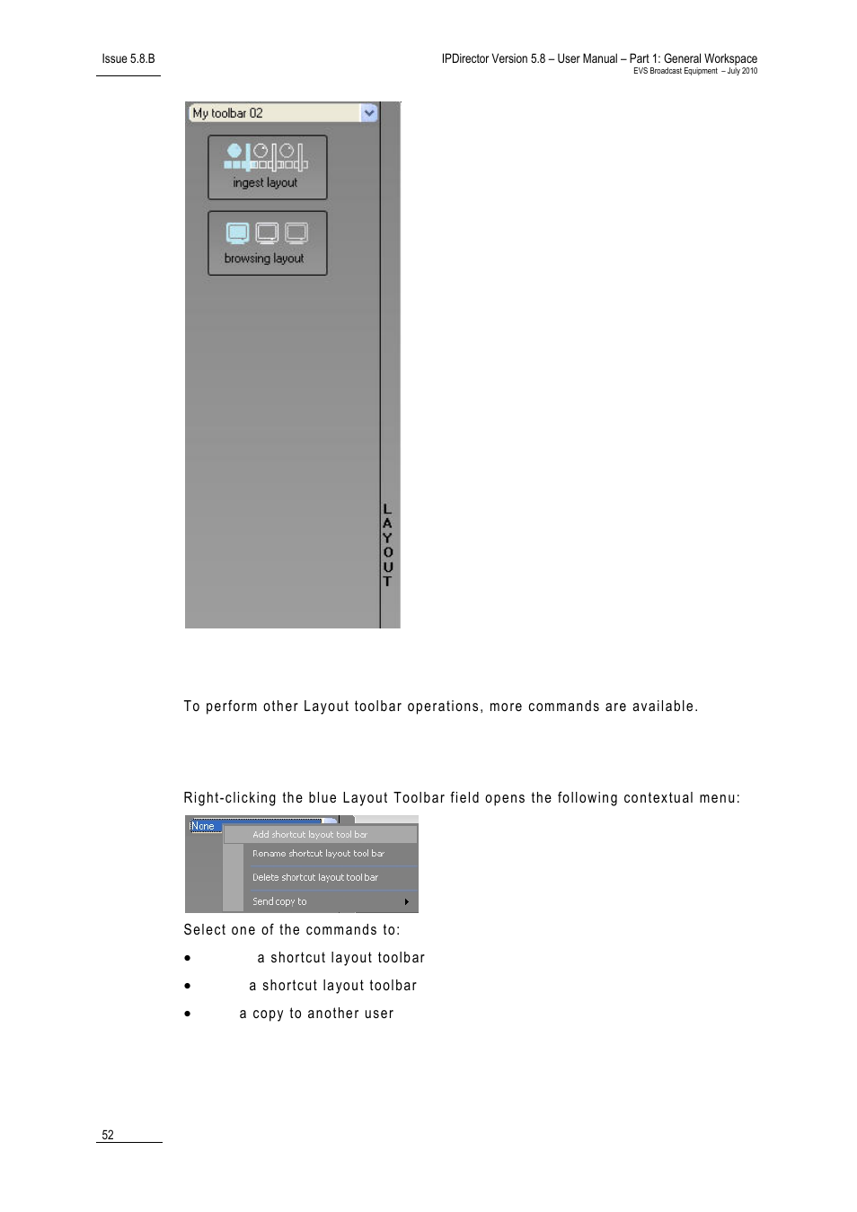 Layout toolbar commands, Layout toolbar contextual menu | EVS IPDirector Version 5.8 - July 2010 Part 1 User's Manual User Manual | Page 63 / 133