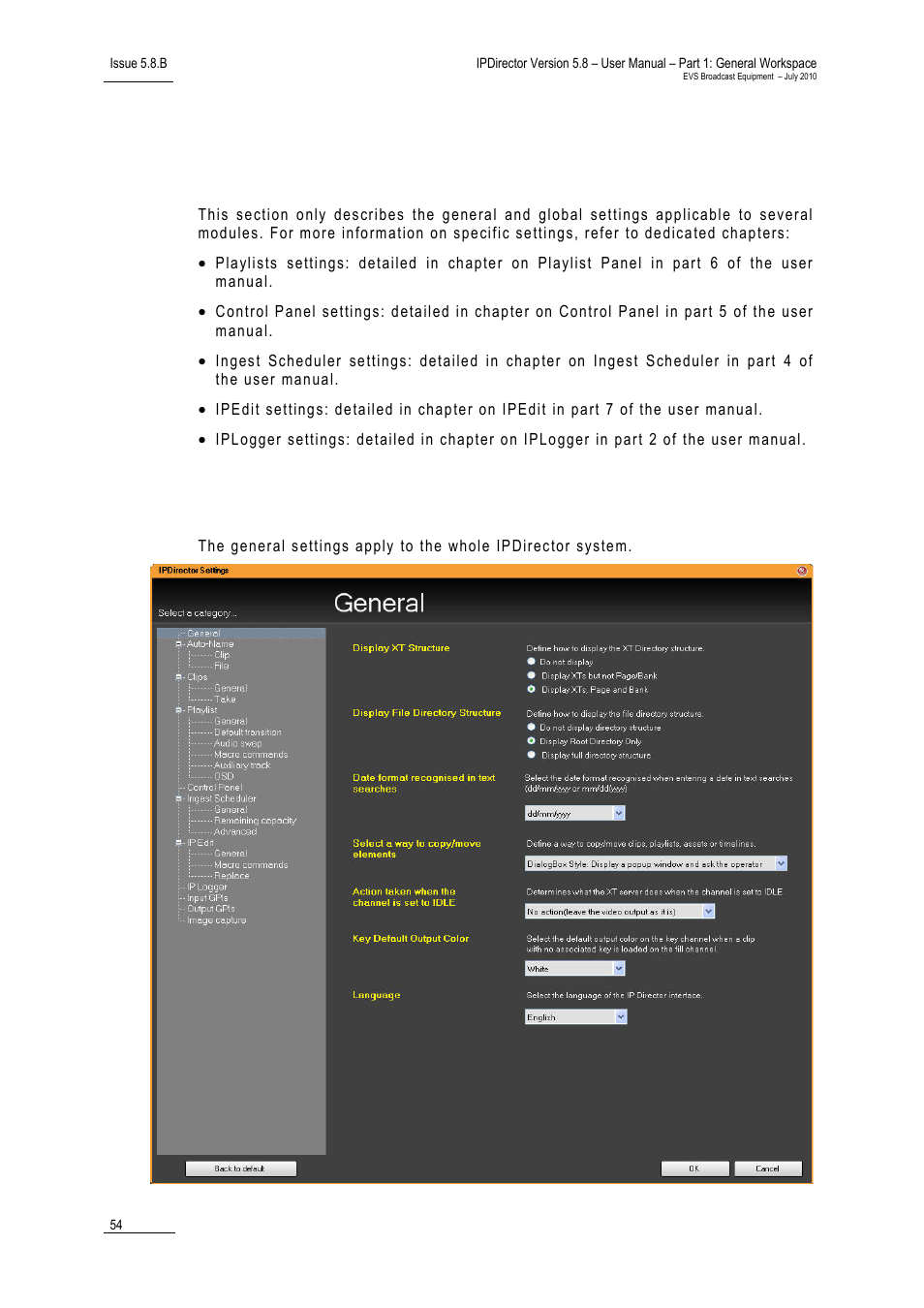 10 settings, 1 general settings, Settings | General settings, Eneral, Ettings | EVS IPDirector Version 5.8 - July 2010 Part 1 User's Manual User Manual | Page 65 / 133