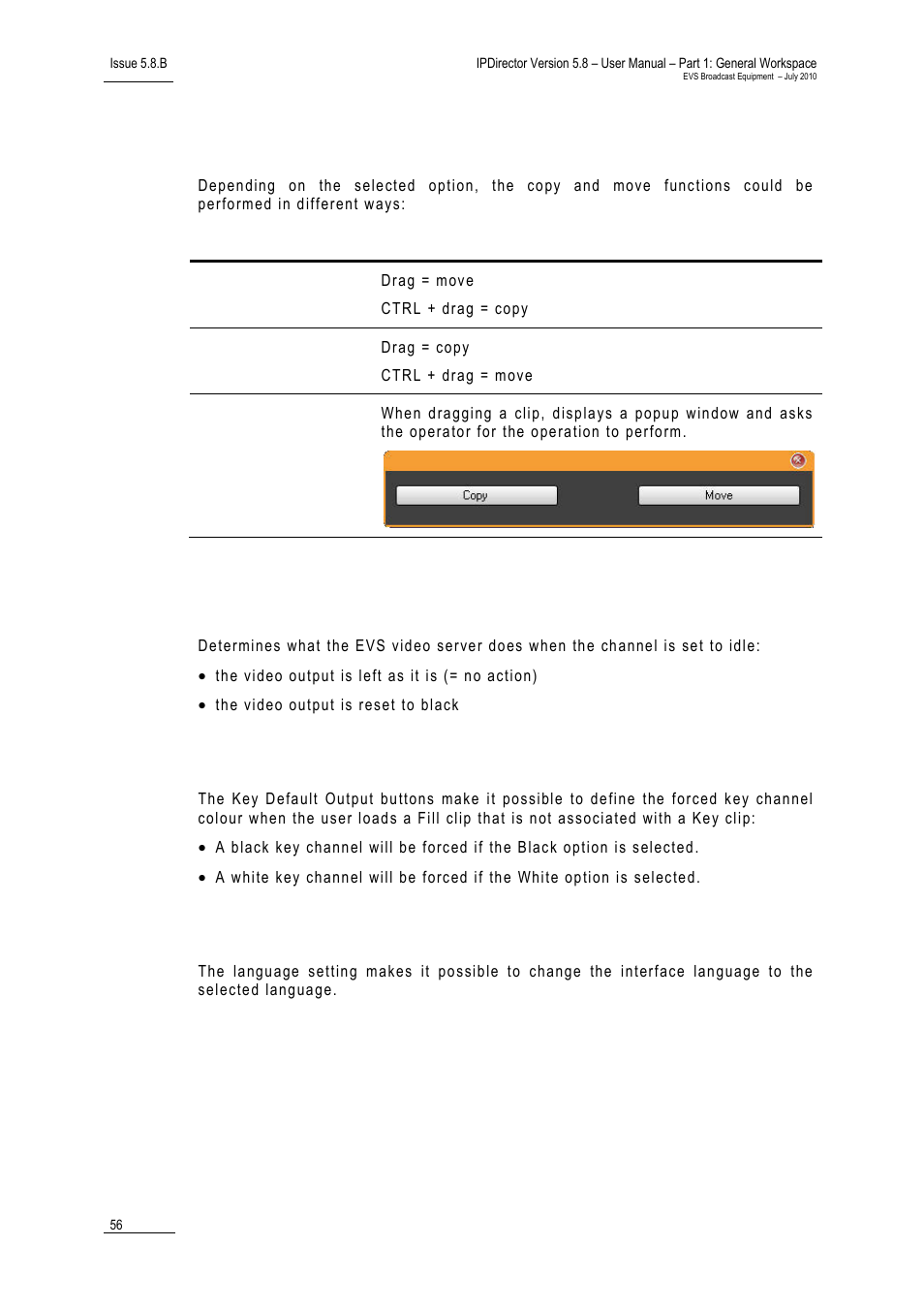 Select a way to copy/move elements, Action taken when the channel is set to idle, Key default output | Language, Idle | EVS IPDirector Version 5.8 - July 2010 Part 1 User's Manual User Manual | Page 67 / 133
