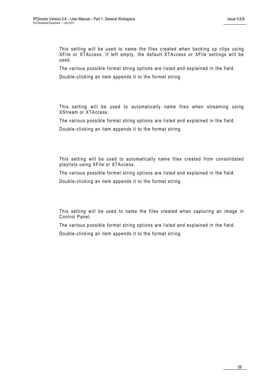 Clip file name – format string, Stream file name – format string, Playlist file name – format string | Image file name – format string | EVS IPDirector Version 5.8 - July 2010 Part 1 User's Manual User Manual | Page 70 / 133