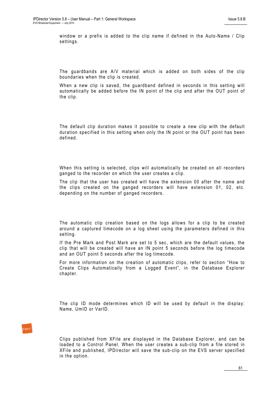 Guardbands, Default clip duration, Create clips on all synchronized recorders | Automatic clip creation based on logs, Default clip id display mode, Default xt for partial restore | EVS IPDirector Version 5.8 - July 2010 Part 1 User's Manual User Manual | Page 72 / 133