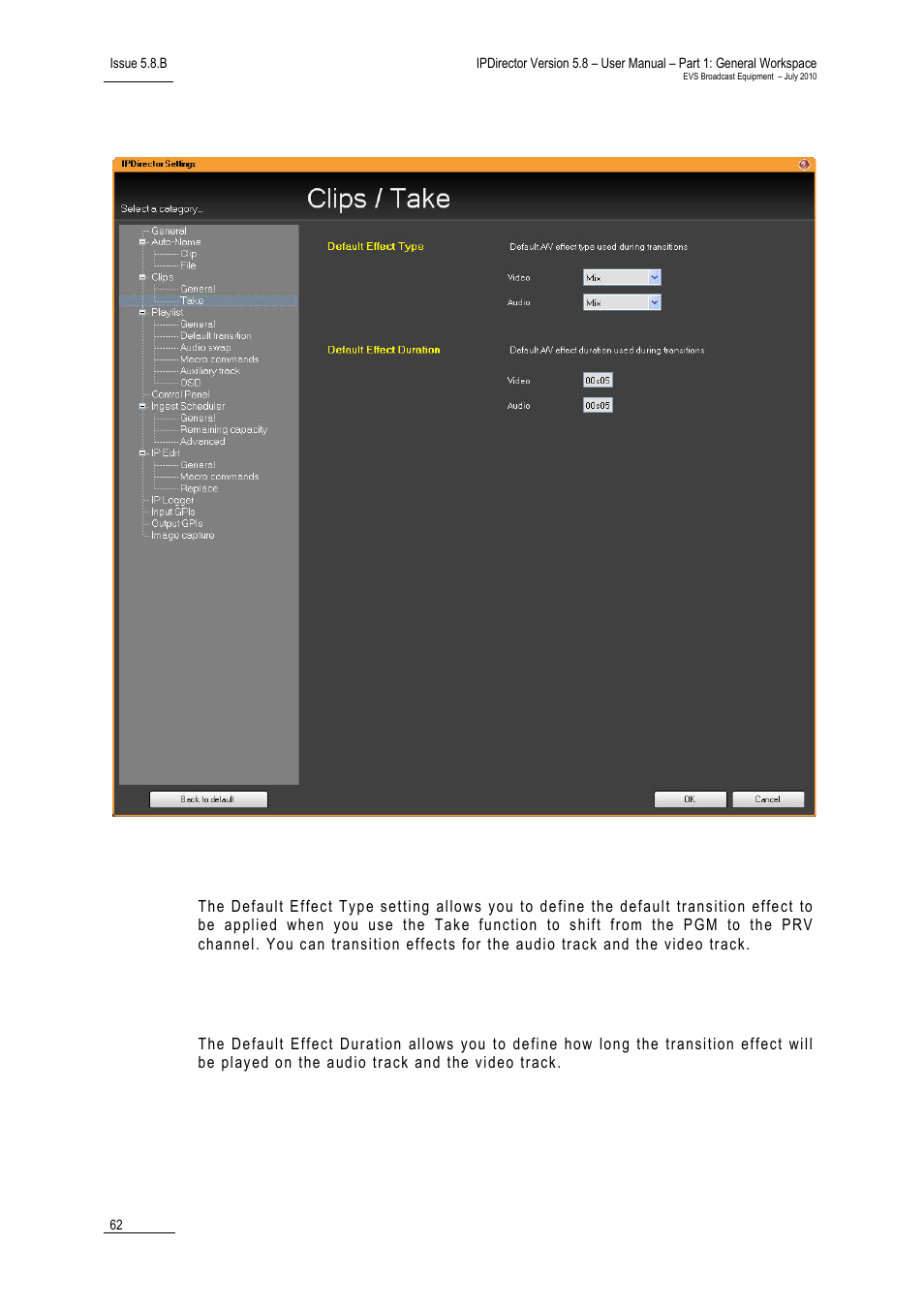 Clip takes settings, Default effect type, Default effect duration | EVS IPDirector Version 5.8 - July 2010 Part 1 User's Manual User Manual | Page 73 / 133
