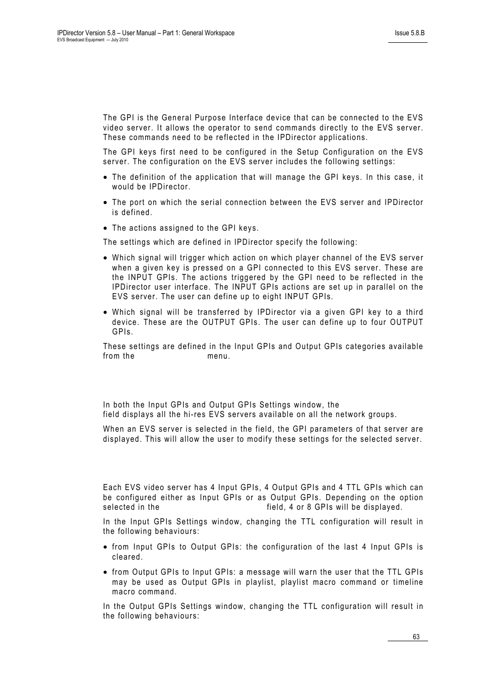 4 gpi settings, Introduction, Xt server selection | Use of ttl gpis, Gpi settings, 4 gpi, Ettings | EVS IPDirector Version 5.8 - July 2010 Part 1 User's Manual User Manual | Page 74 / 133