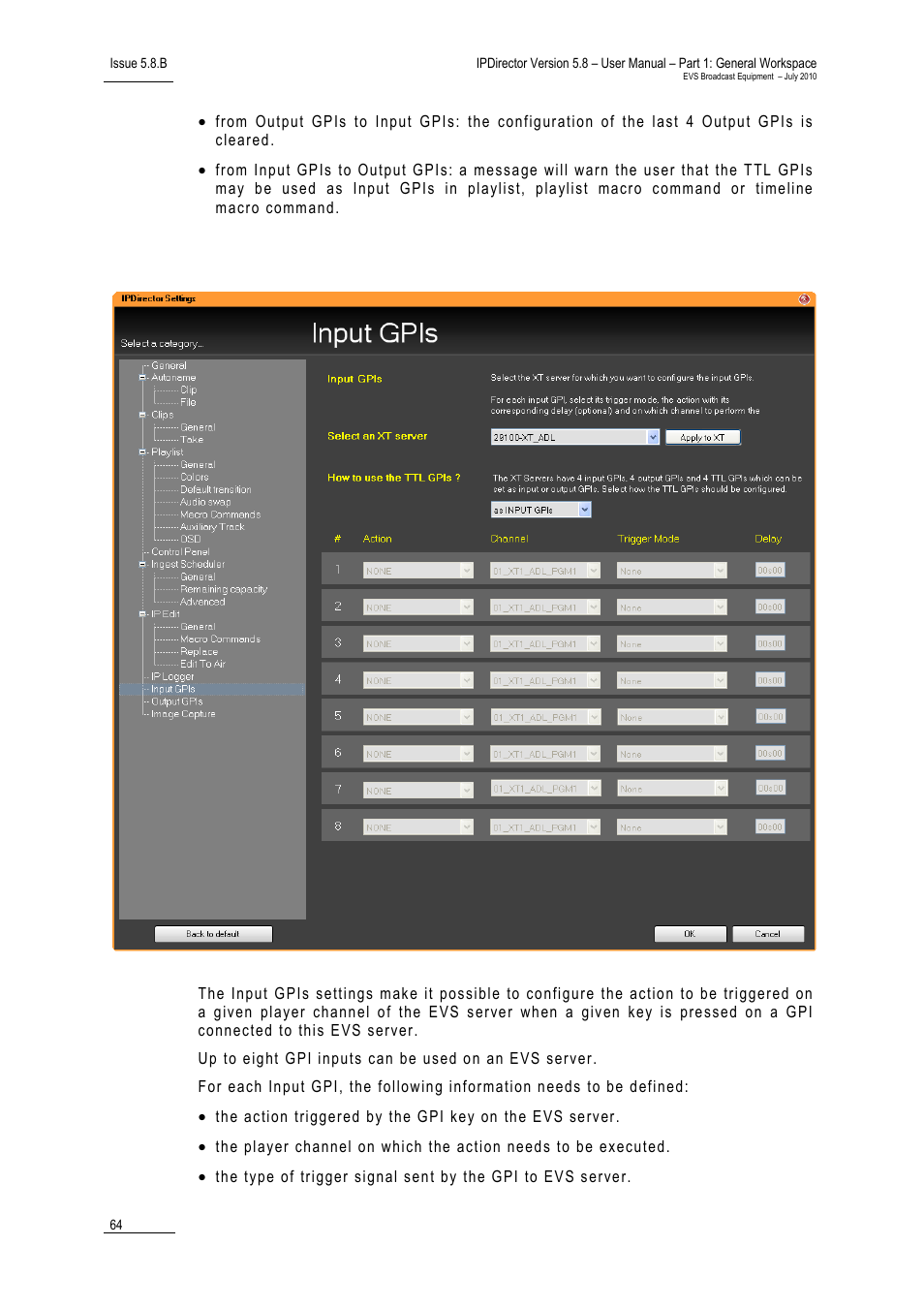Input gpis settings | EVS IPDirector Version 5.8 - July 2010 Part 1 User's Manual User Manual | Page 75 / 133