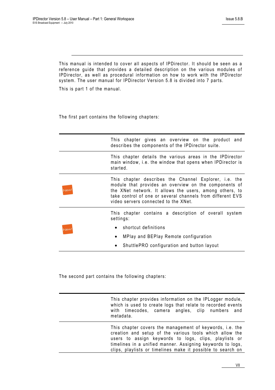 Part 1: general workspace, Part 2: logging, About this manual | EVS IPDirector Version 5.8 - July 2010 Part 1 User's Manual User Manual | Page 8 / 133