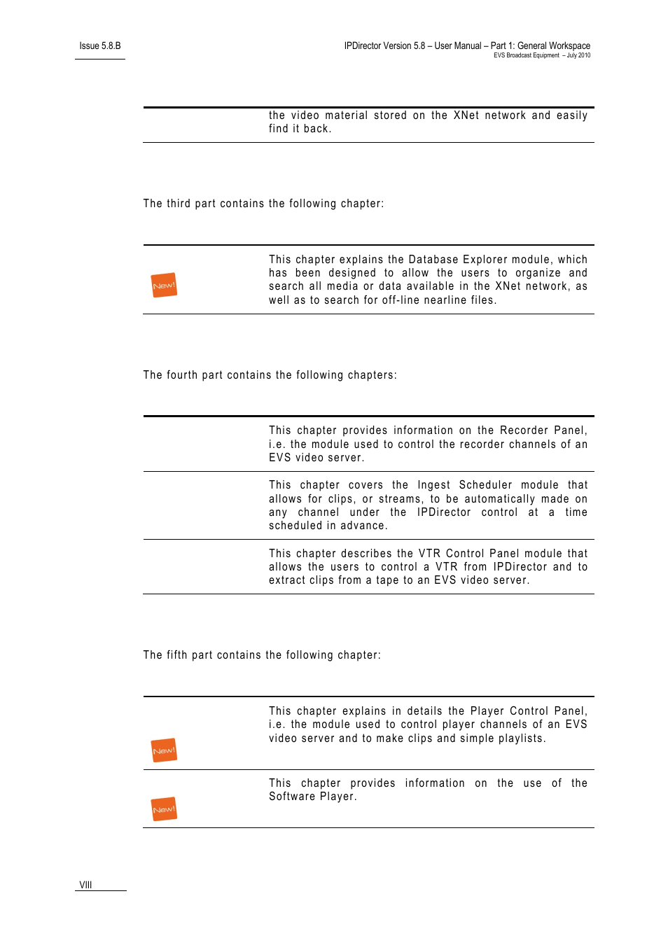 Part 3: browsing, Part 4: ingest, Part 5: playout – control panel | EVS IPDirector Version 5.8 - July 2010 Part 1 User's Manual User Manual | Page 9 / 133