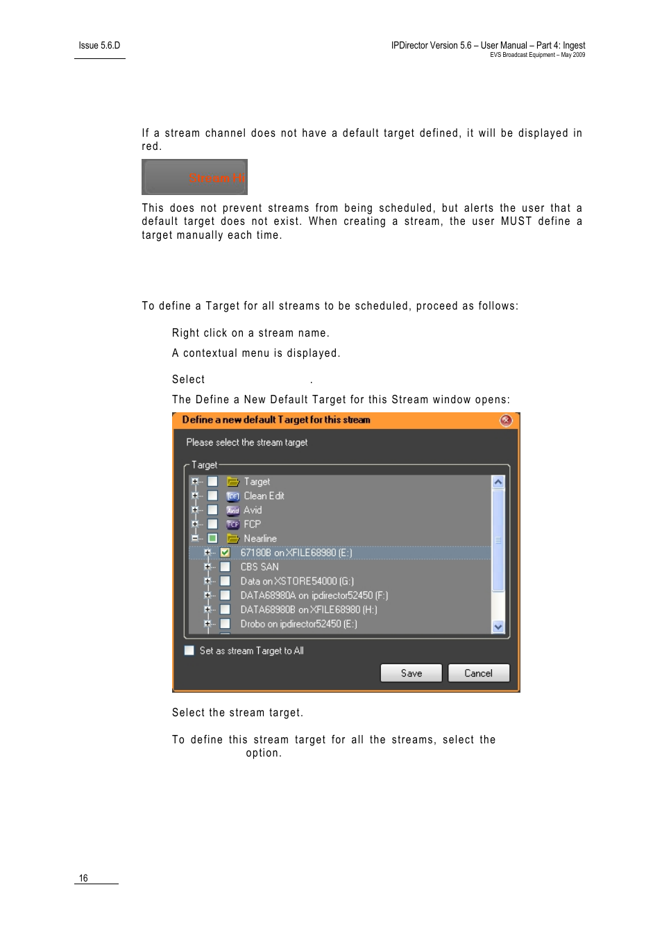 Default stream target, How to define a stream target | EVS IPDirector Version 5.6 - May 2009 Part 4 User's Manual User Manual | Page 27 / 81