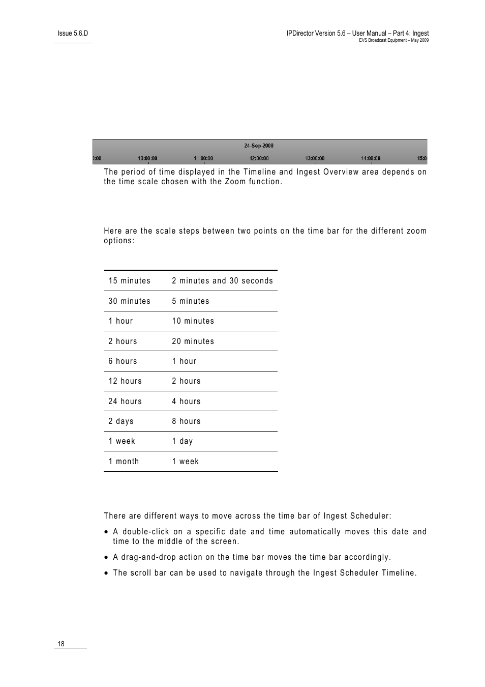 5 timeline and ingest overview area, 1 time bar description, Time bar scale based on the zoom | Moving across the time bar, Escription | EVS IPDirector Version 5.6 - May 2009 Part 4 User's Manual User Manual | Page 29 / 81