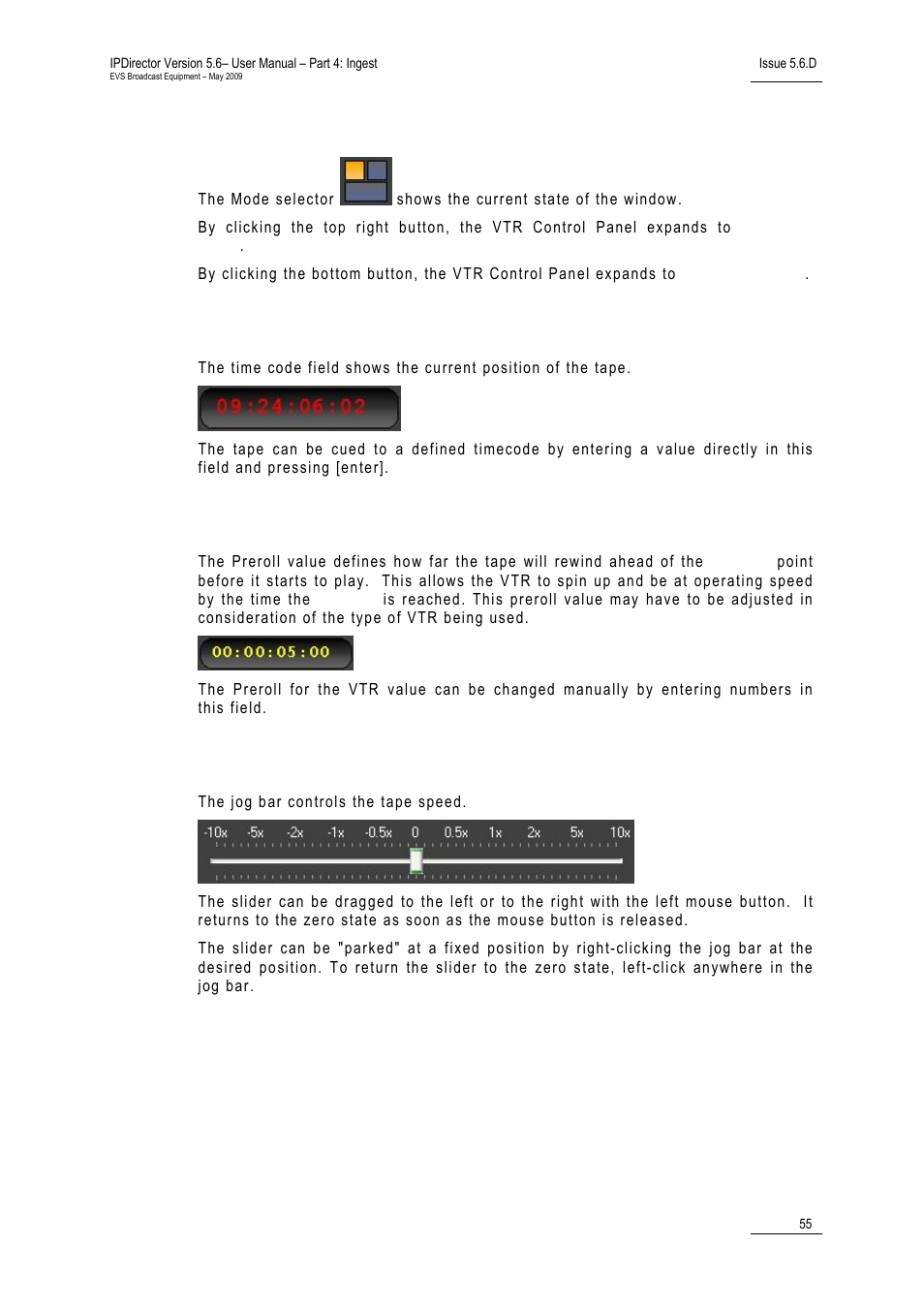 Mode selector, Time code field, Preroll field | Jog bar | EVS IPDirector Version 5.6 - May 2009 Part 4 User's Manual User Manual | Page 66 / 81
