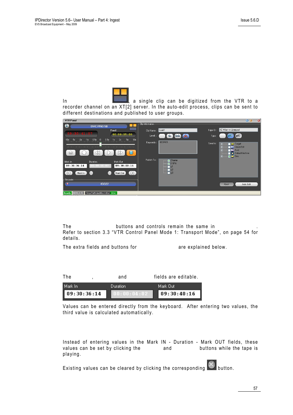4 vtr control panel mode 2: auto-edit mode, 1 purpose, 2 screen elements and functions | Mark in - duration - mark out, Mark in / mark out buttons, 4 vtr control panel mode 2: auto- edit mode | EVS IPDirector Version 5.6 - May 2009 Part 4 User's Manual User Manual | Page 68 / 81