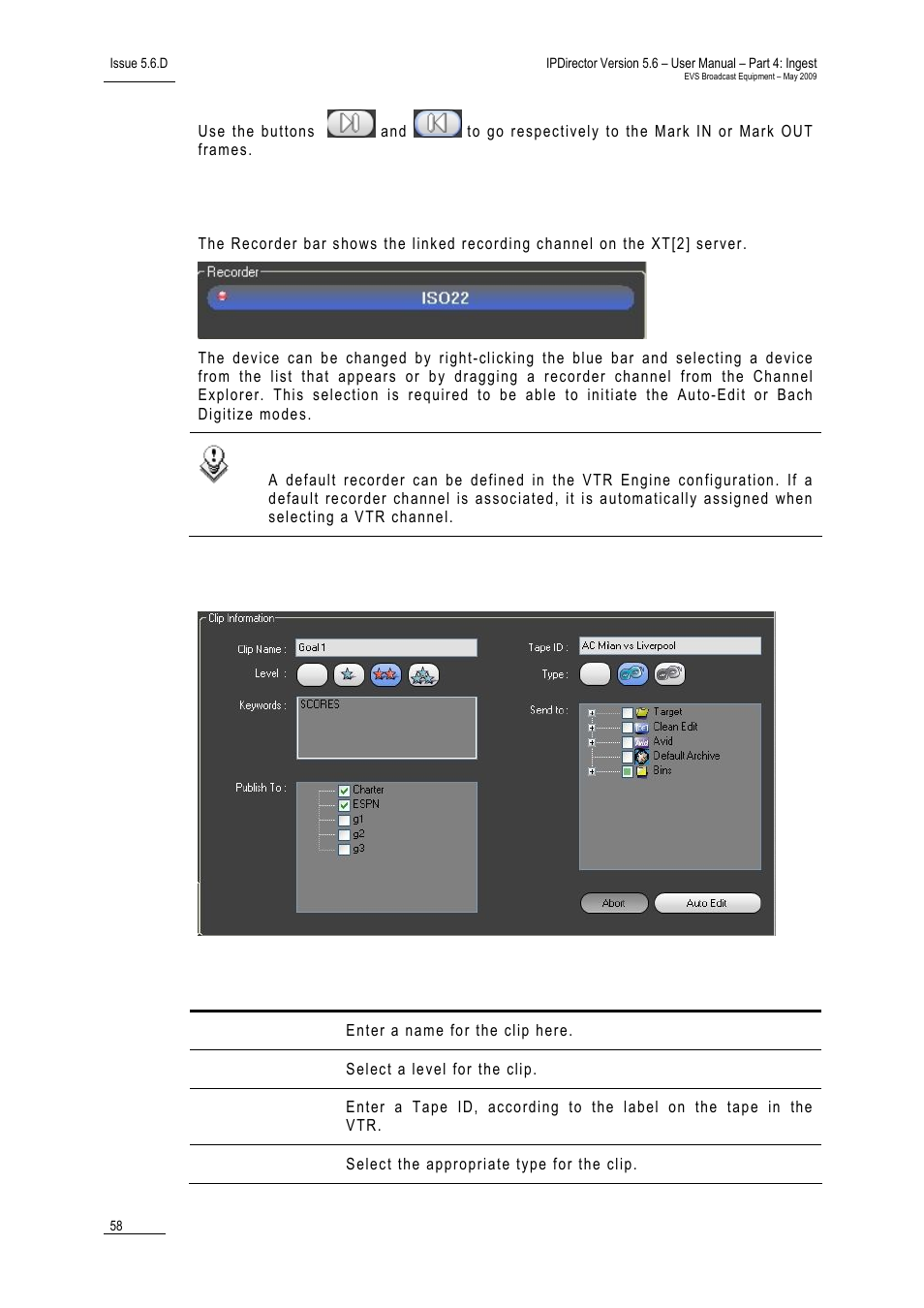 Recorder bar, Clip information fields | EVS IPDirector Version 5.6 - May 2009 Part 4 User's Manual User Manual | Page 69 / 81
