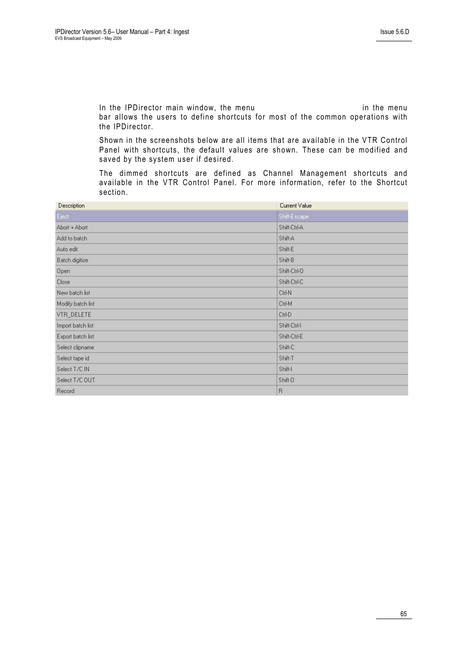 6 vtr control panel shortcuts | EVS IPDirector Version 5.6 - May 2009 Part 4 User's Manual User Manual | Page 76 / 81