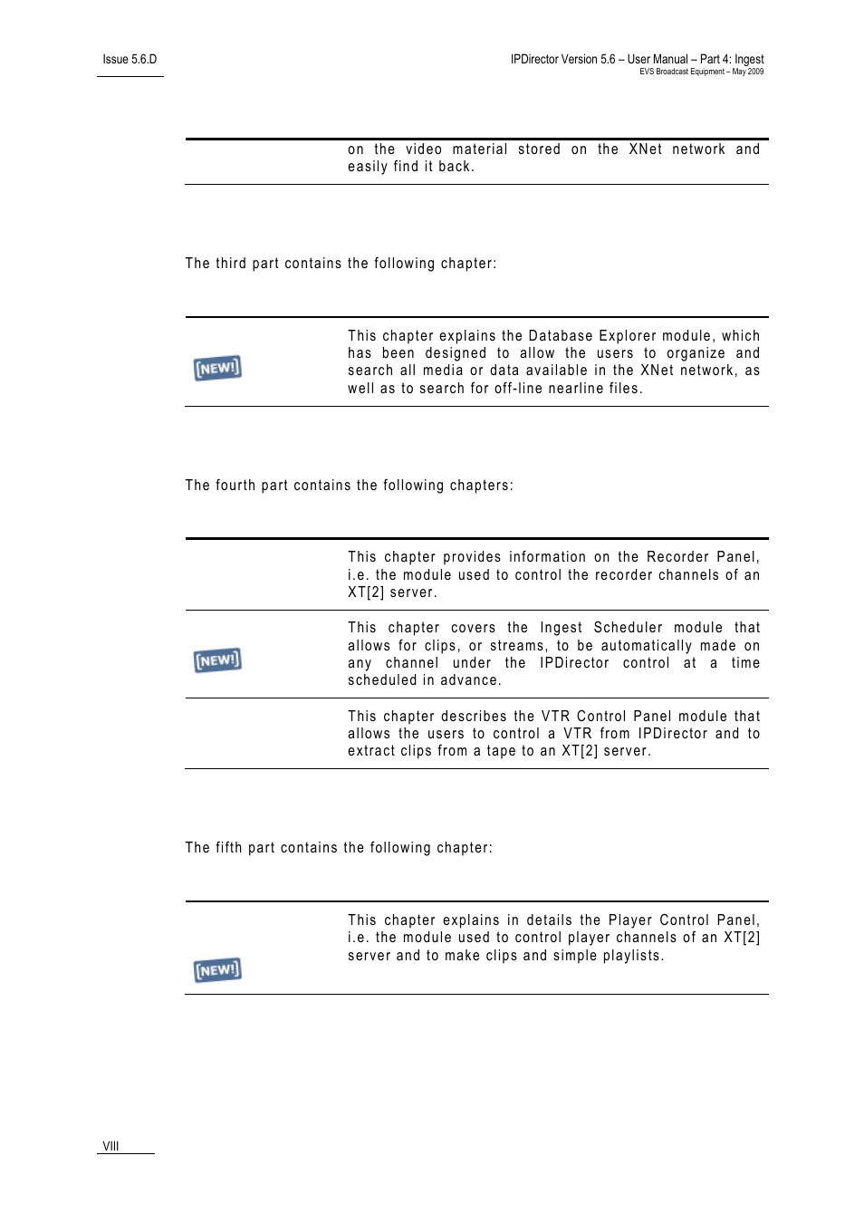 Part 3: browsing, Part 4: ingest, Part 5: playout – control panel | EVS IPDirector Version 5.6 - May 2009 Part 4 User's Manual User Manual | Page 9 / 81