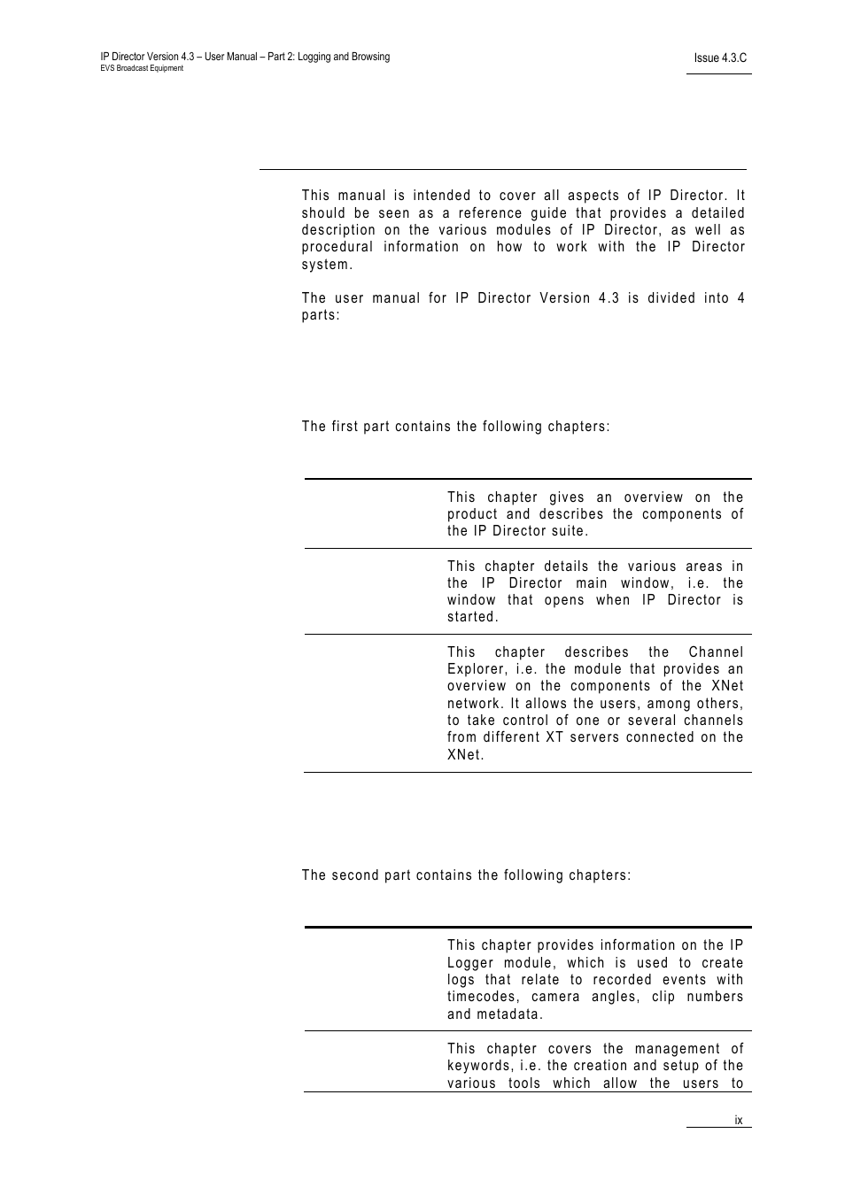 Part 1: introduction, Part 2: logging and browsing, About this manual | EVS IPDirector Version 4.3 - October 2007 Part 2 User's Manual User Manual | Page 10 / 143