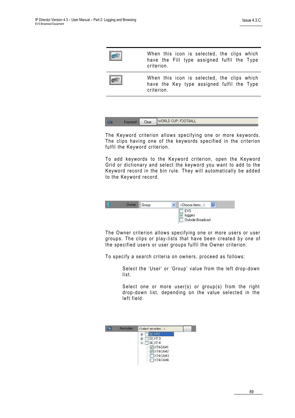 Keyword, Owner, Recorder | EVS IPDirector Version 4.3 - October 2007 Part 2 User's Manual User Manual | Page 102 / 143