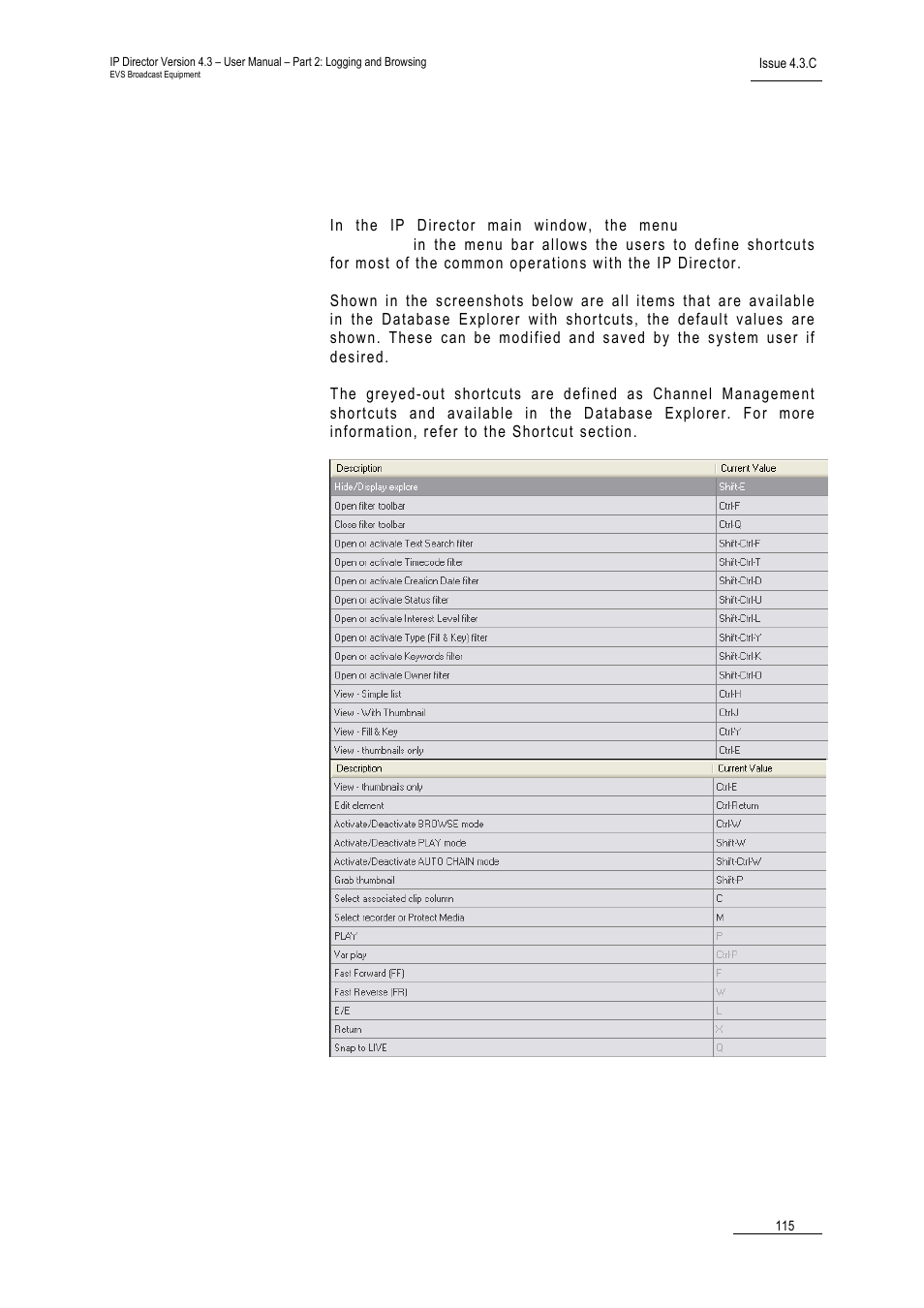 8 database explorer shortcuts, Database explorer shortcuts | EVS IPDirector Version 4.3 - October 2007 Part 2 User's Manual User Manual | Page 128 / 143