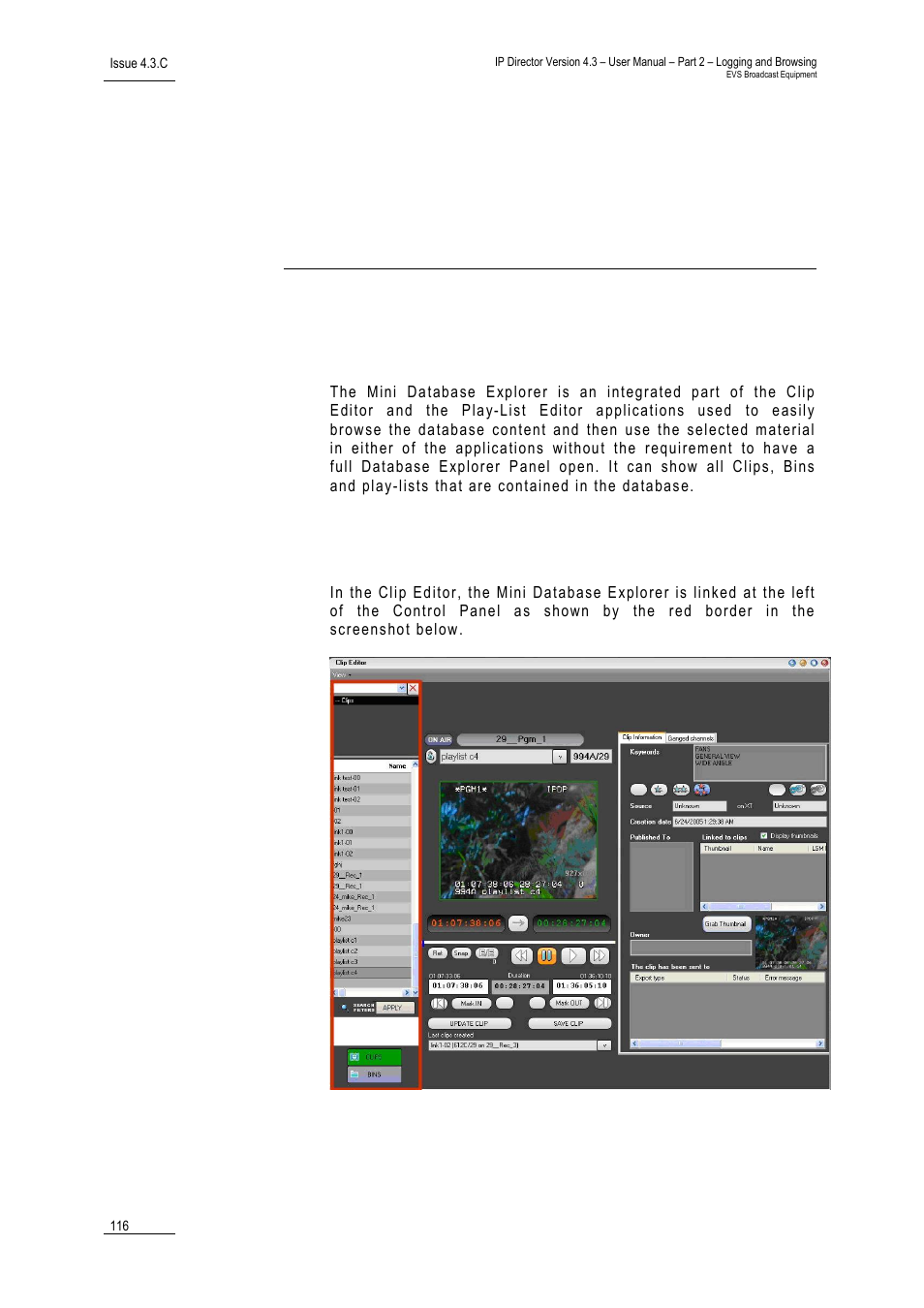Mini database explorer, 1 introduction, 1 clip editor | Introduction, Clip editor | EVS IPDirector Version 4.3 - October 2007 Part 2 User's Manual User Manual | Page 129 / 143