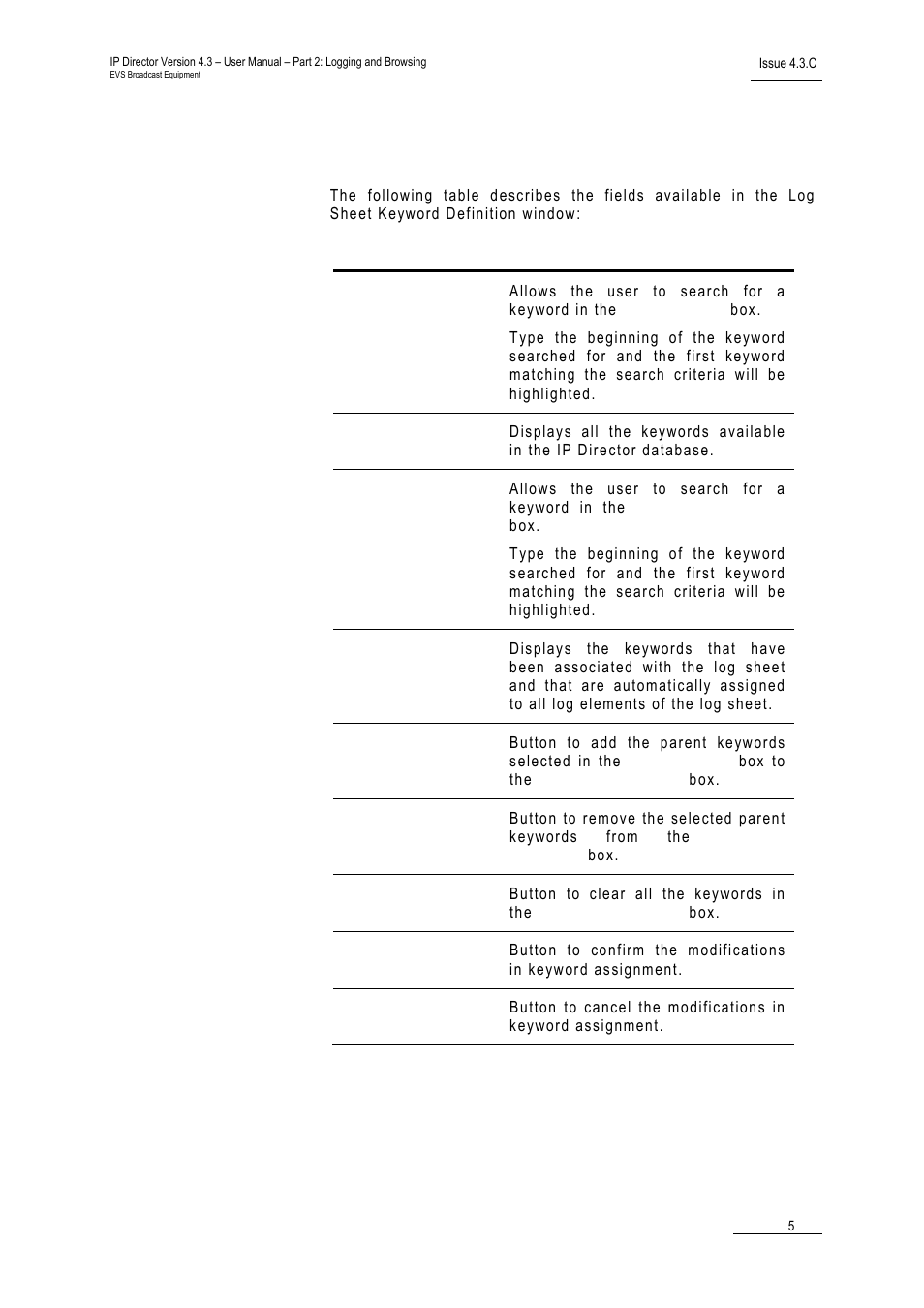 Fields in the log sheet keyword definition window | EVS IPDirector Version 4.3 - October 2007 Part 2 User's Manual User Manual | Page 18 / 143