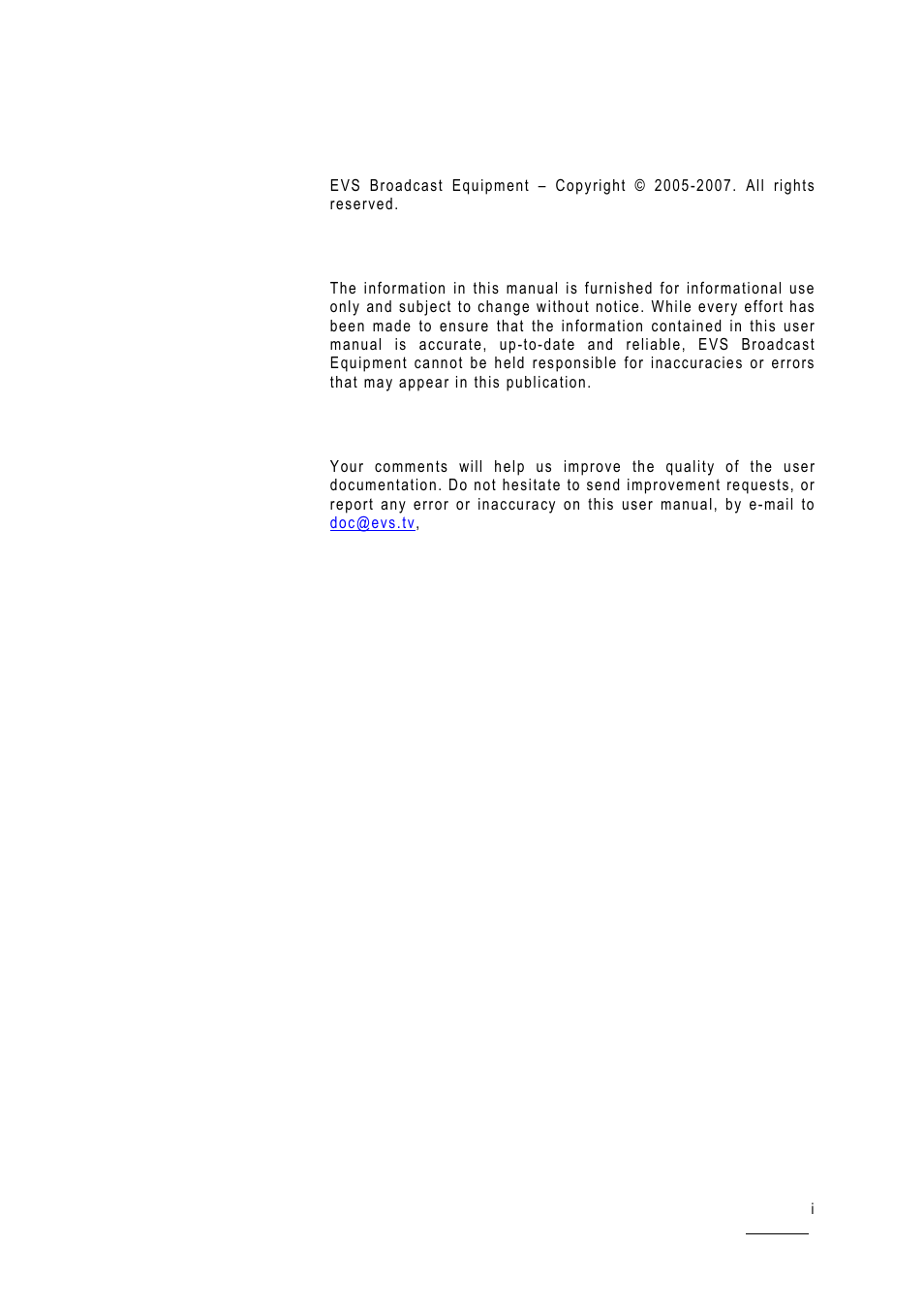 Copyright, Disclaimer, Improvement requests | EVS IPDirector Version 4.3 - October 2007 Part 2 User's Manual User Manual | Page 2 / 143