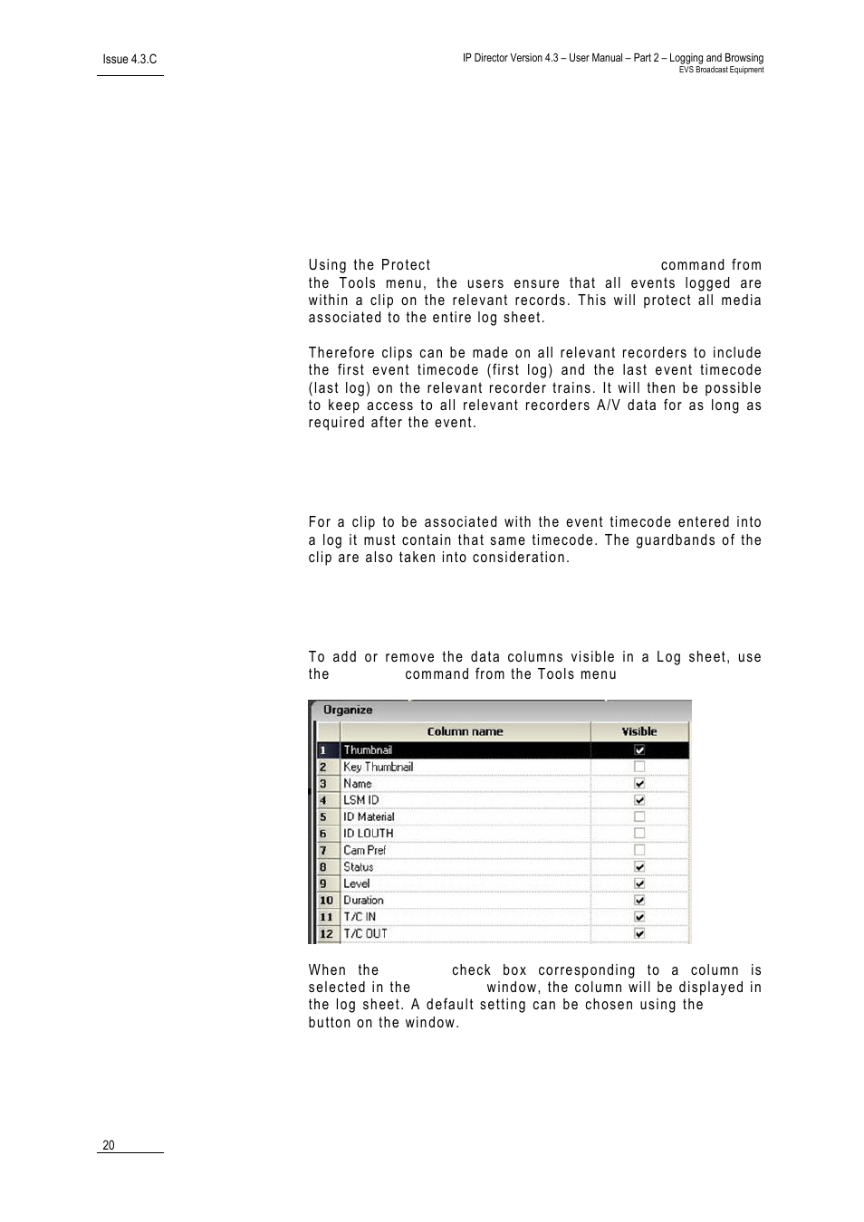 5 ip logger tools menu, 1 protect all media associated to logs, 2 clip association rule | 3 logging column headings organizer, Ip logger tools menu, Protect all media associated to logs, Clip association rule, Logging column headings organizer | EVS IPDirector Version 4.3 - October 2007 Part 2 User's Manual User Manual | Page 33 / 143