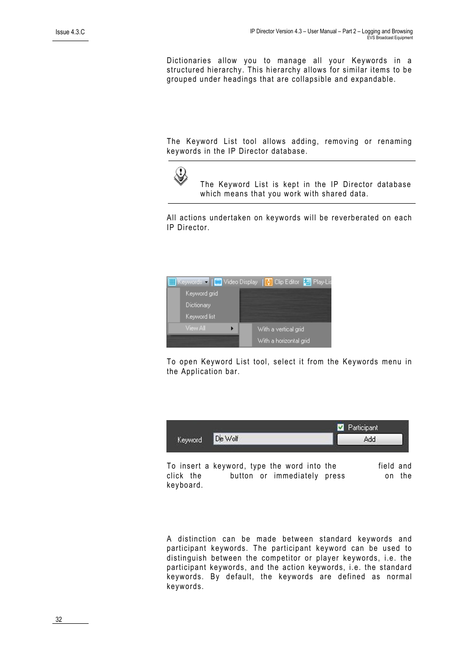 2 keyword list tool, 1 how to open the keyword list tool, 2 how to add keywords | 3 keyword types, Keyword list tool, How to open the keyword list tool, How to add keywords, Keyword types | EVS IPDirector Version 4.3 - October 2007 Part 2 User's Manual User Manual | Page 45 / 143