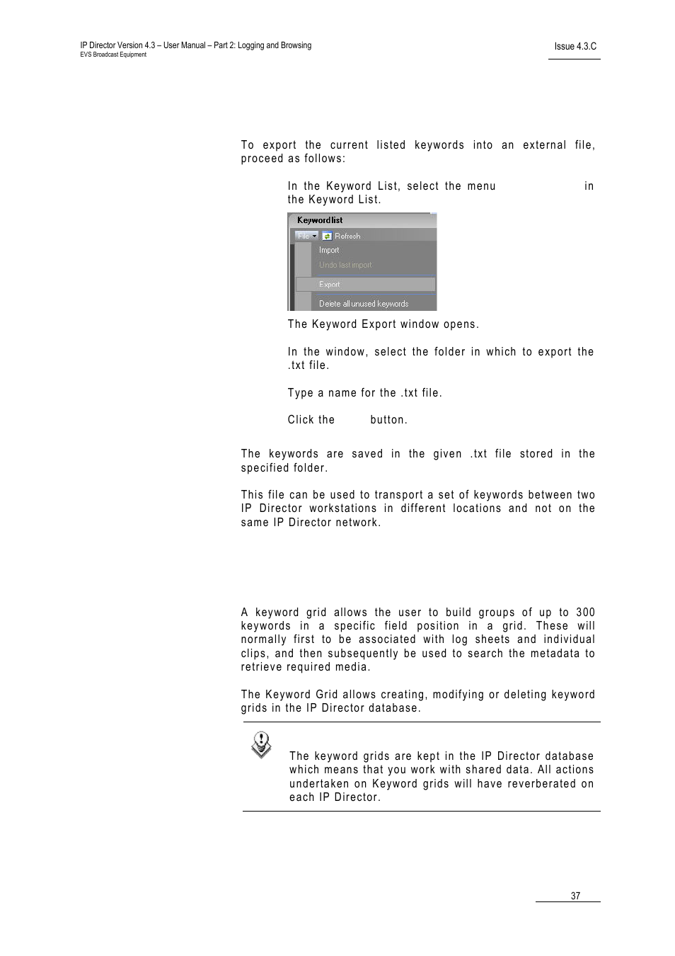12 how to export keywords, 3 keyword grid tool, How to export keywords | Keyword grid tool, 12 h, Ow to, Xport, Eywords | EVS IPDirector Version 4.3 - October 2007 Part 2 User's Manual User Manual | Page 50 / 143
