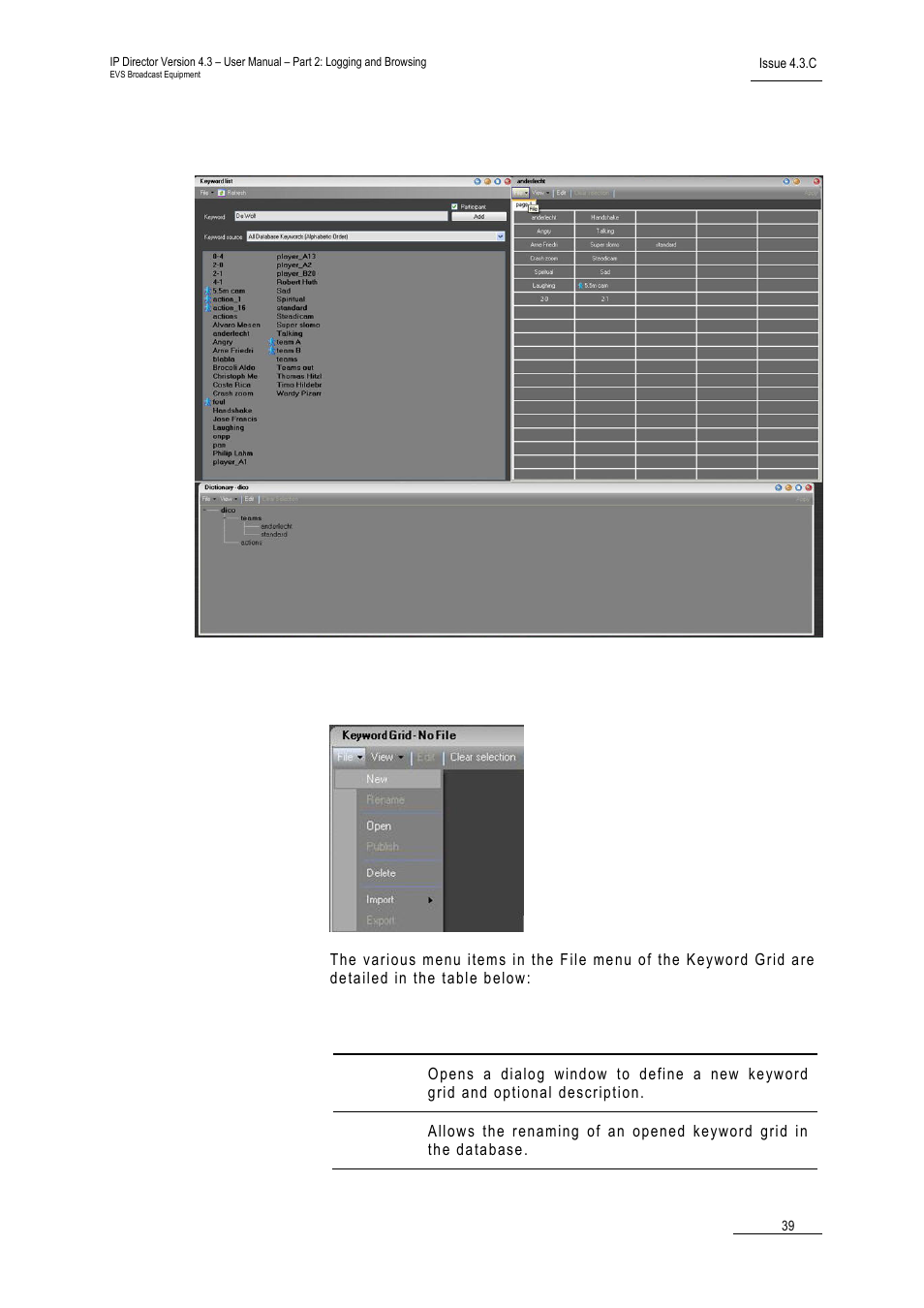 Horizontal view, 2 keyword grid file menu, Keyword grid file menu | Eyword | EVS IPDirector Version 4.3 - October 2007 Part 2 User's Manual User Manual | Page 52 / 143