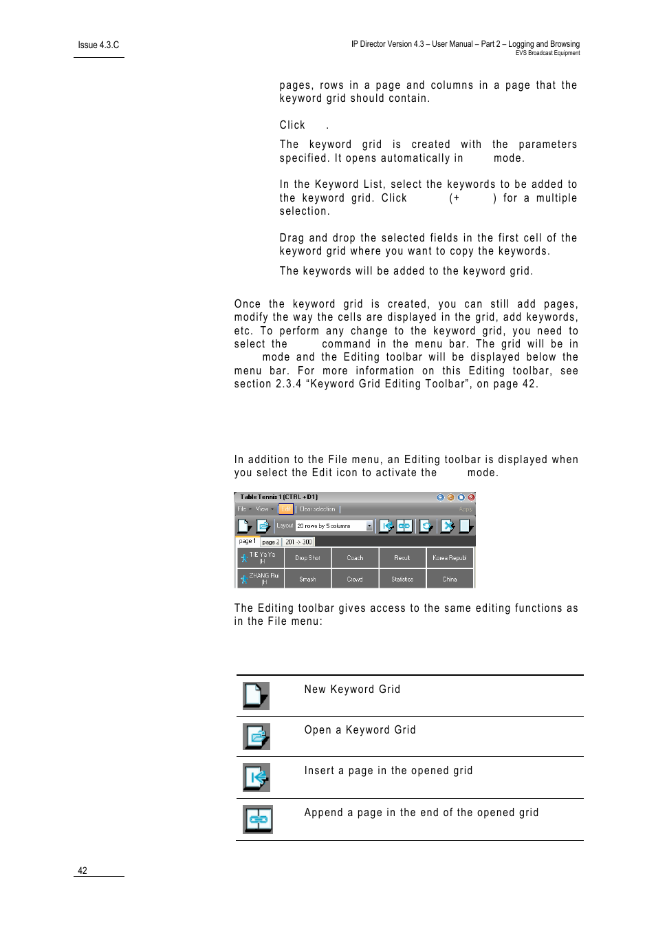 Keyword grid editing toolbar, Eyword, Diting | Oolbar | EVS IPDirector Version 4.3 - October 2007 Part 2 User's Manual User Manual | Page 55 / 143