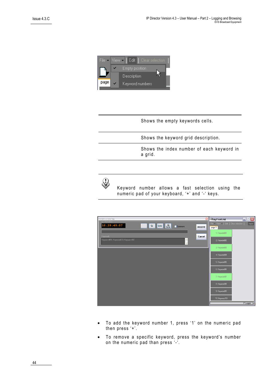 5 keyword grid view options, Keyword grid view options, Eyword | Ptions | EVS IPDirector Version 4.3 - October 2007 Part 2 User's Manual User Manual | Page 57 / 143